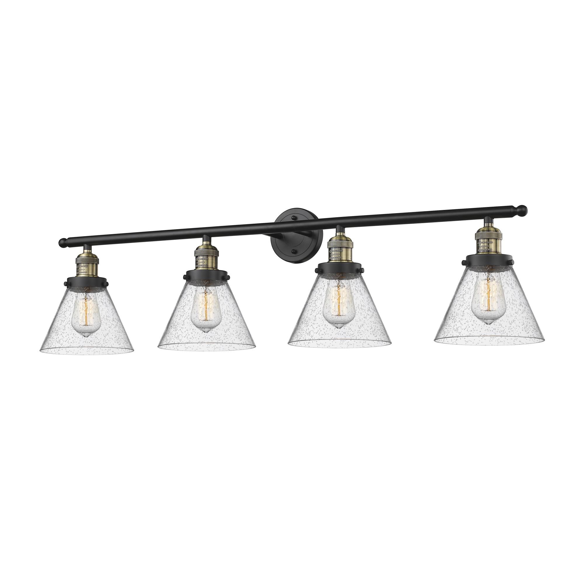 Shown in Black Antique Brass finish and Seedy glass