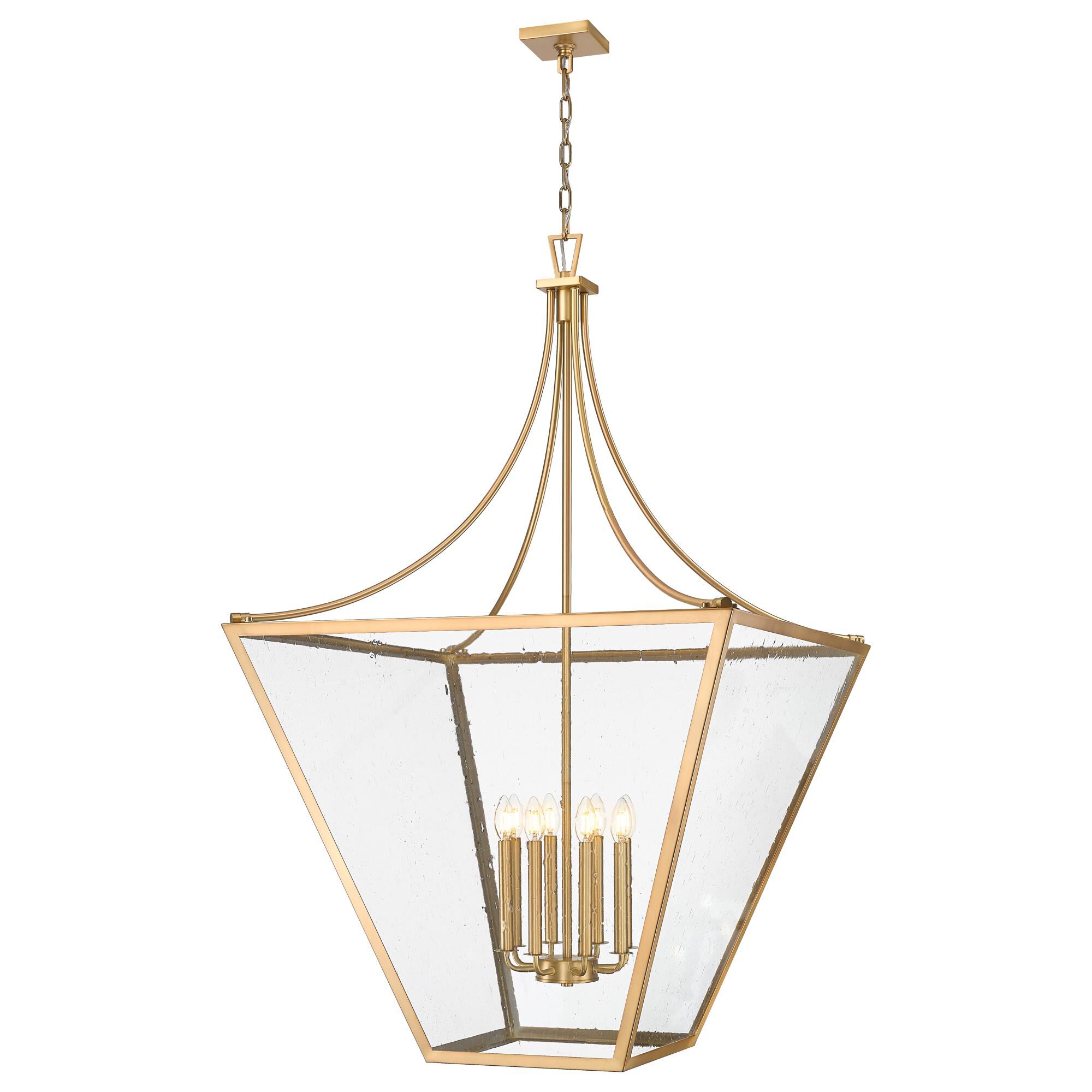 Shown in Rubbed Brass finish and Clear Seedy glass