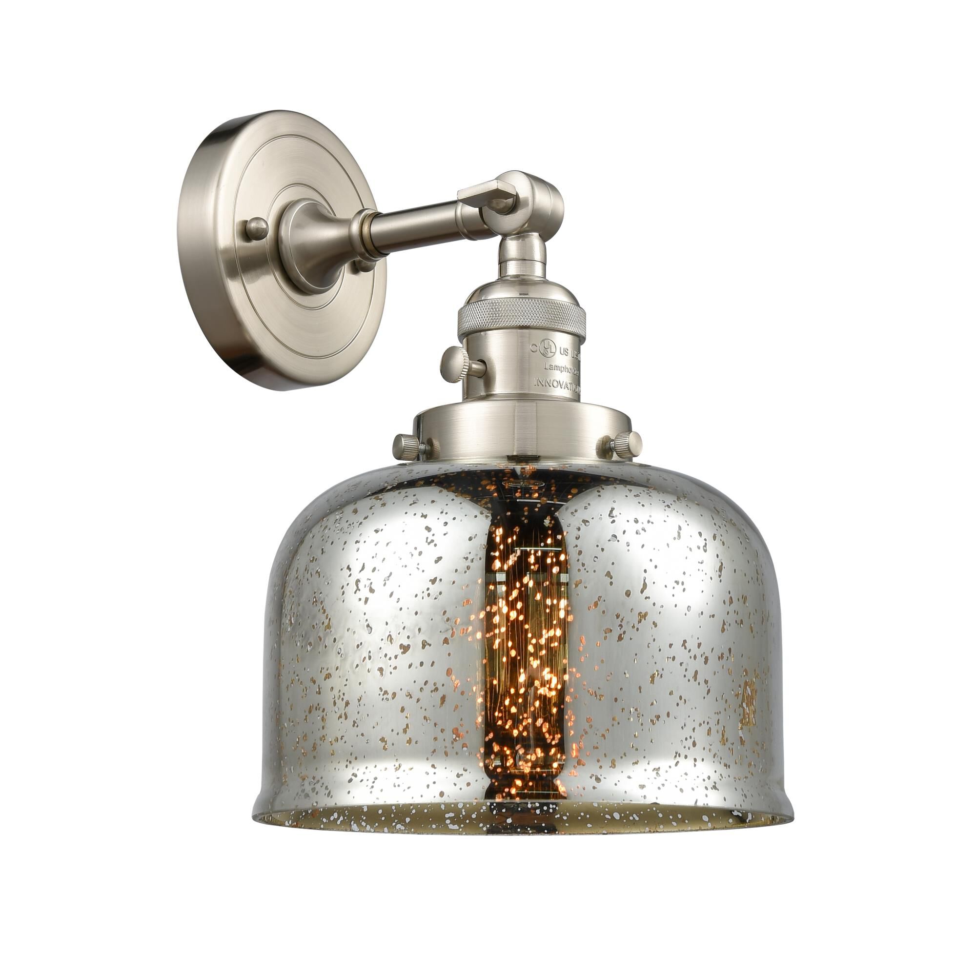 Shown in Brushed Satin Nickel finish and Silver Plated Mercury Large Bell glass and Switch on Socket accent