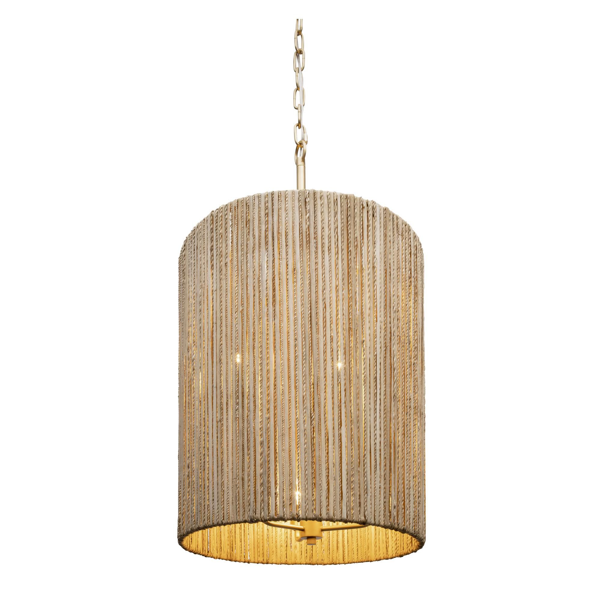 Shown in French Gold finish and Natural Rattan And Abaca Rope shade
