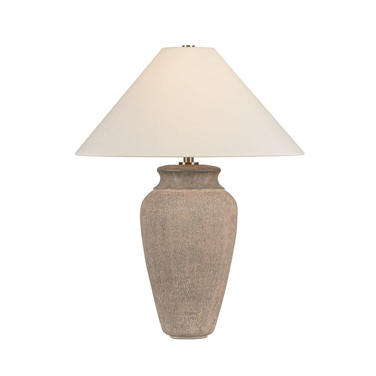 Shown in Patina Brass and Ceramic Textural Umber finish and Off White Linen shade