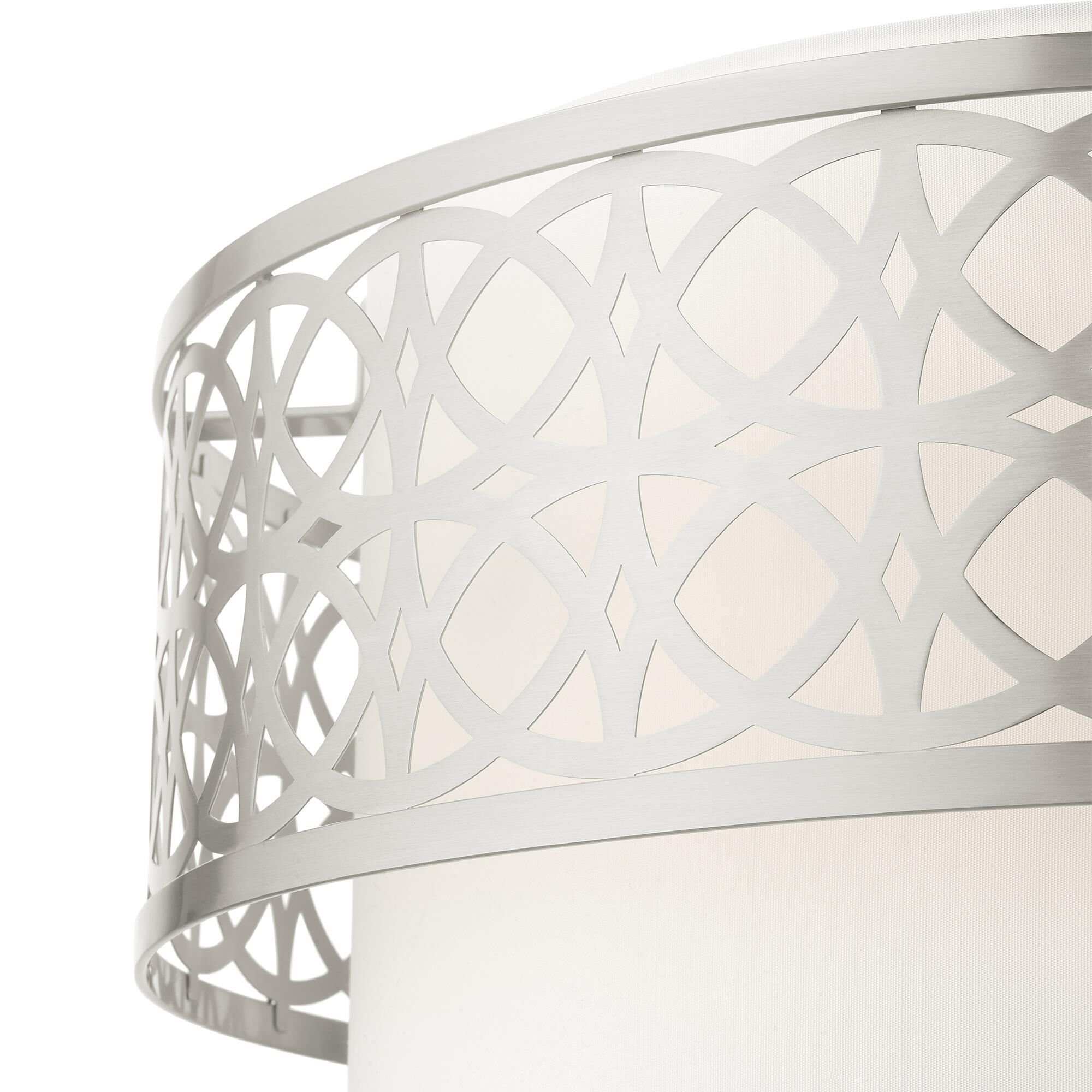 Shown in Brushed Nickel finish and Hand Crafted Hardback  Completely Finished With Off-White Color Fabric Outside and Inside shade