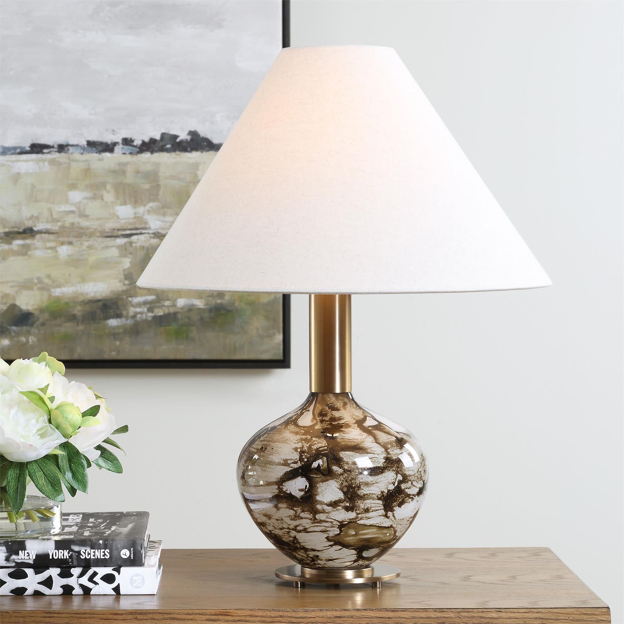 Shown in Bronze, Brown, White finish and Round Tapered Hardback shade