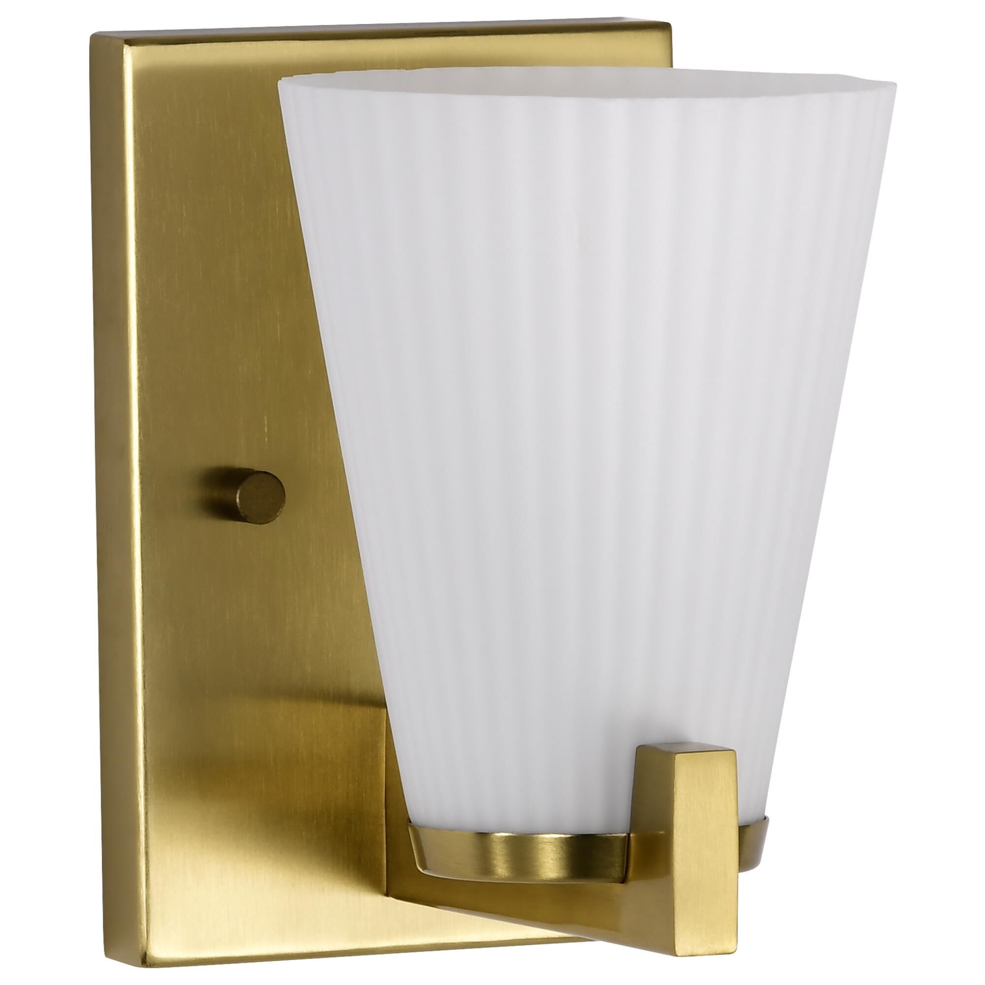 Shown in Burnished Brass finish and Ribbed White glass