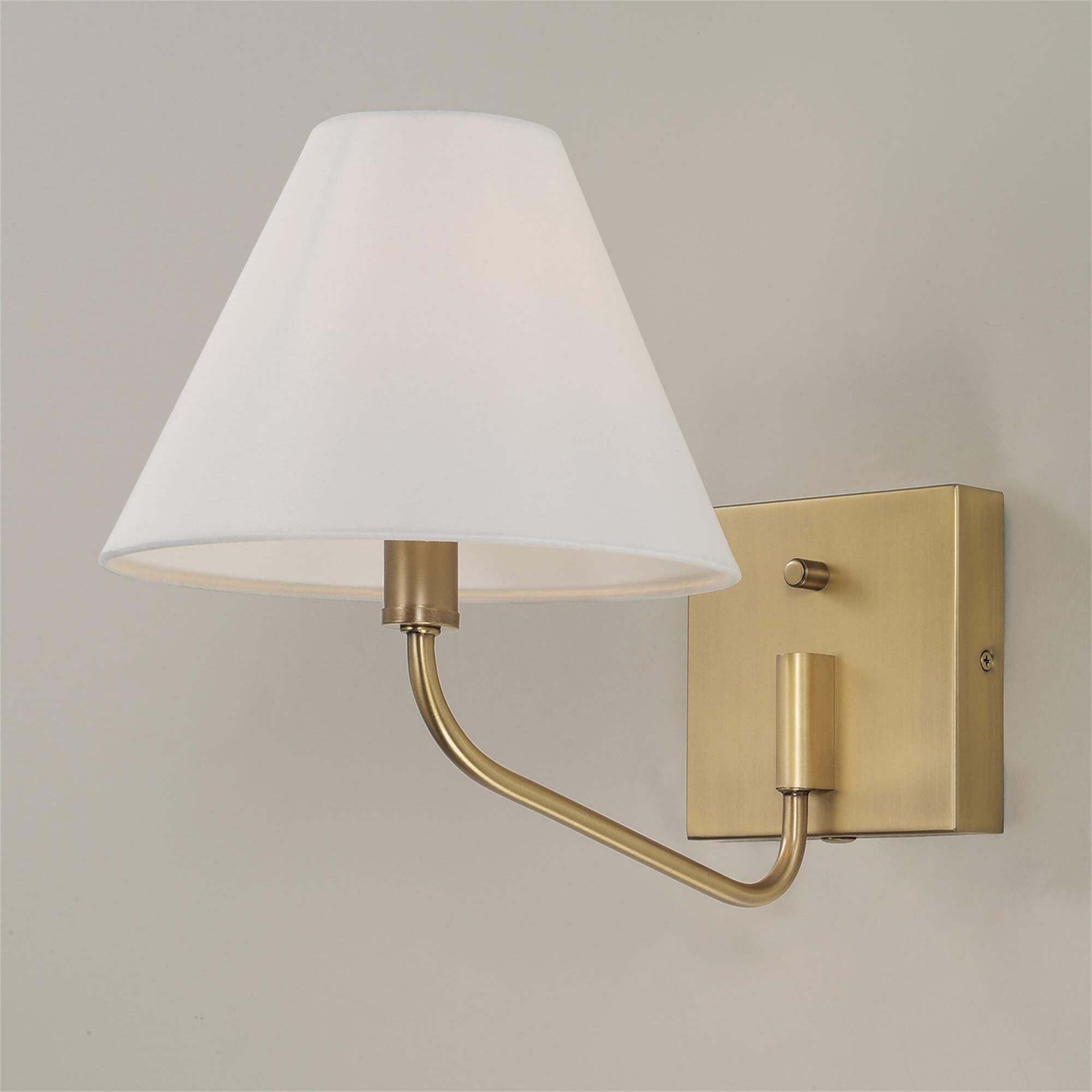 Shown in Aged Brass finish and White Fabric shade