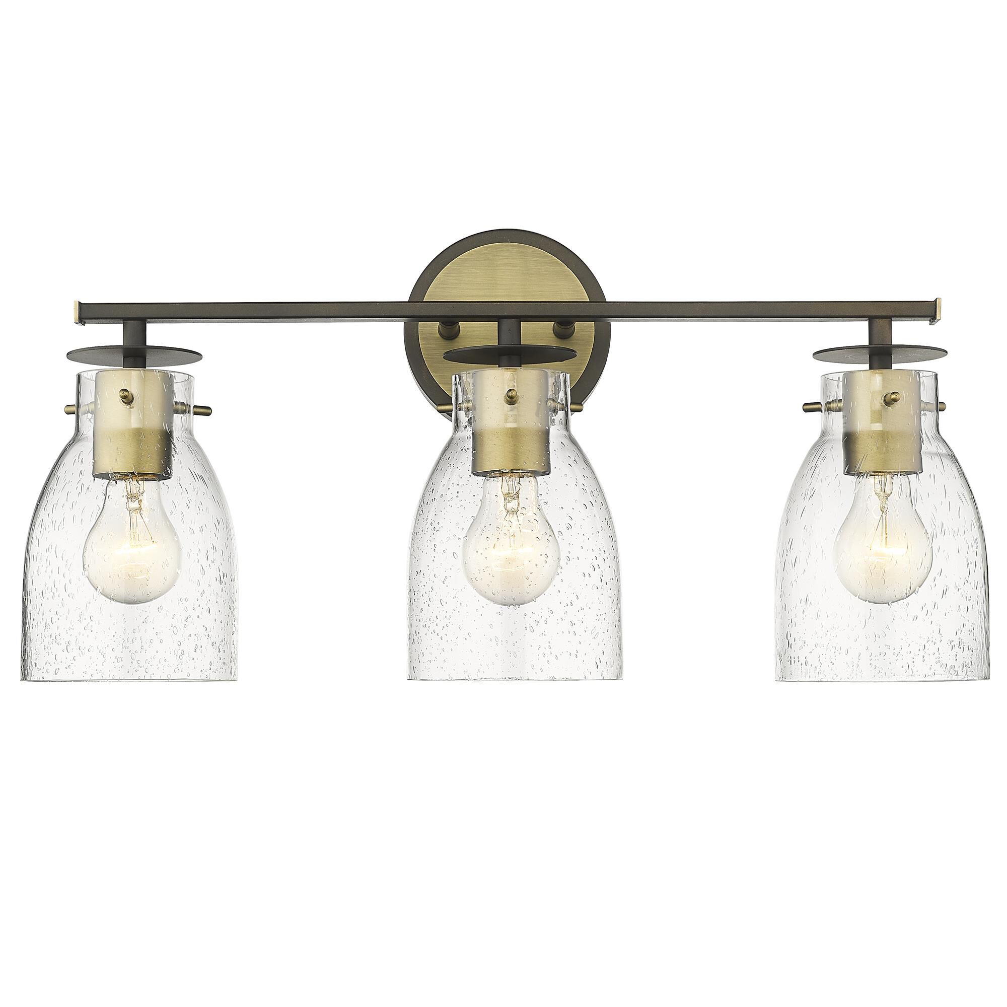 Shown in Oil Rubbed Bronze And Antique Brass finish and Clear Seedy Glass shade