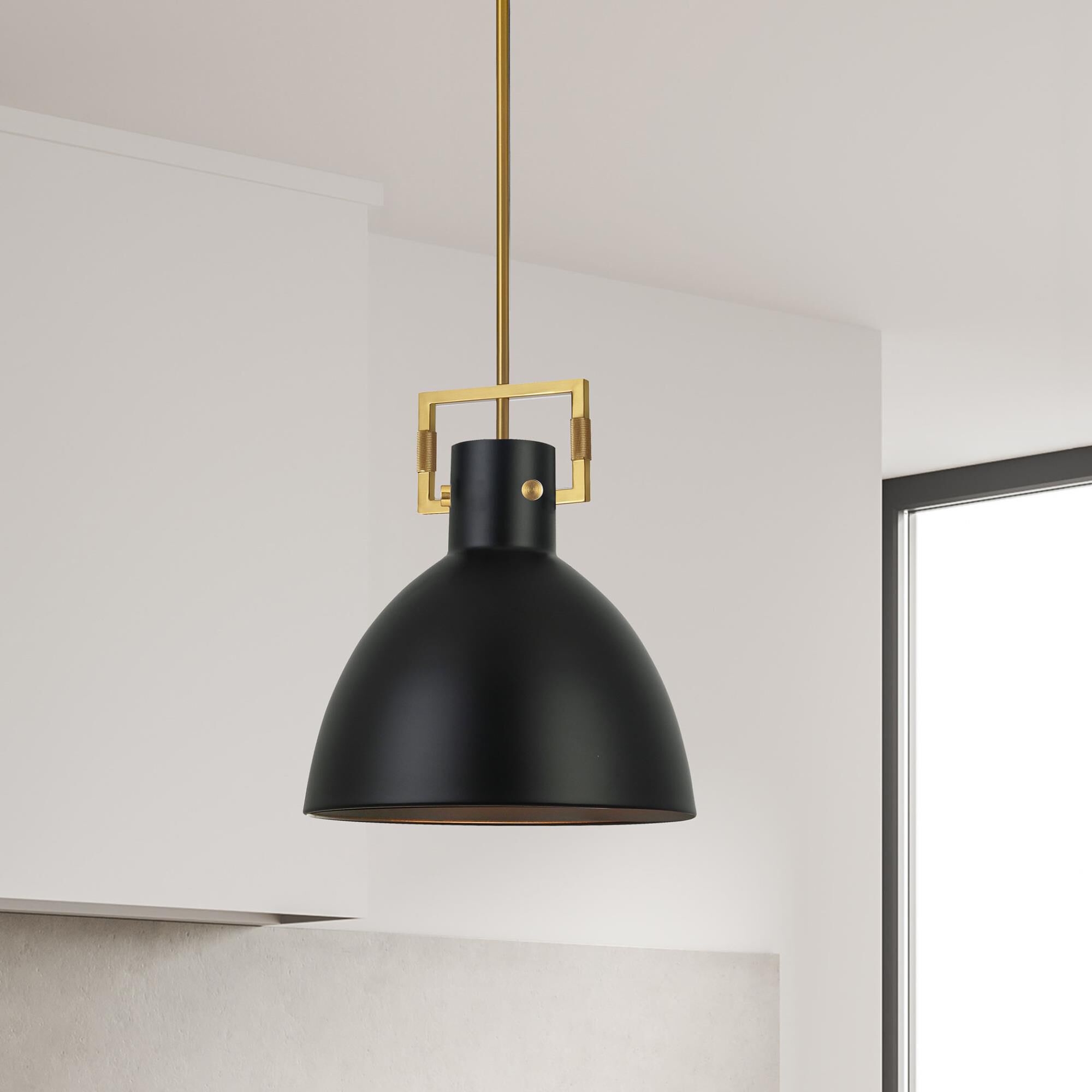 Shown in Matte Black and Aged Brass finish and Matte Black Metal Dome shade