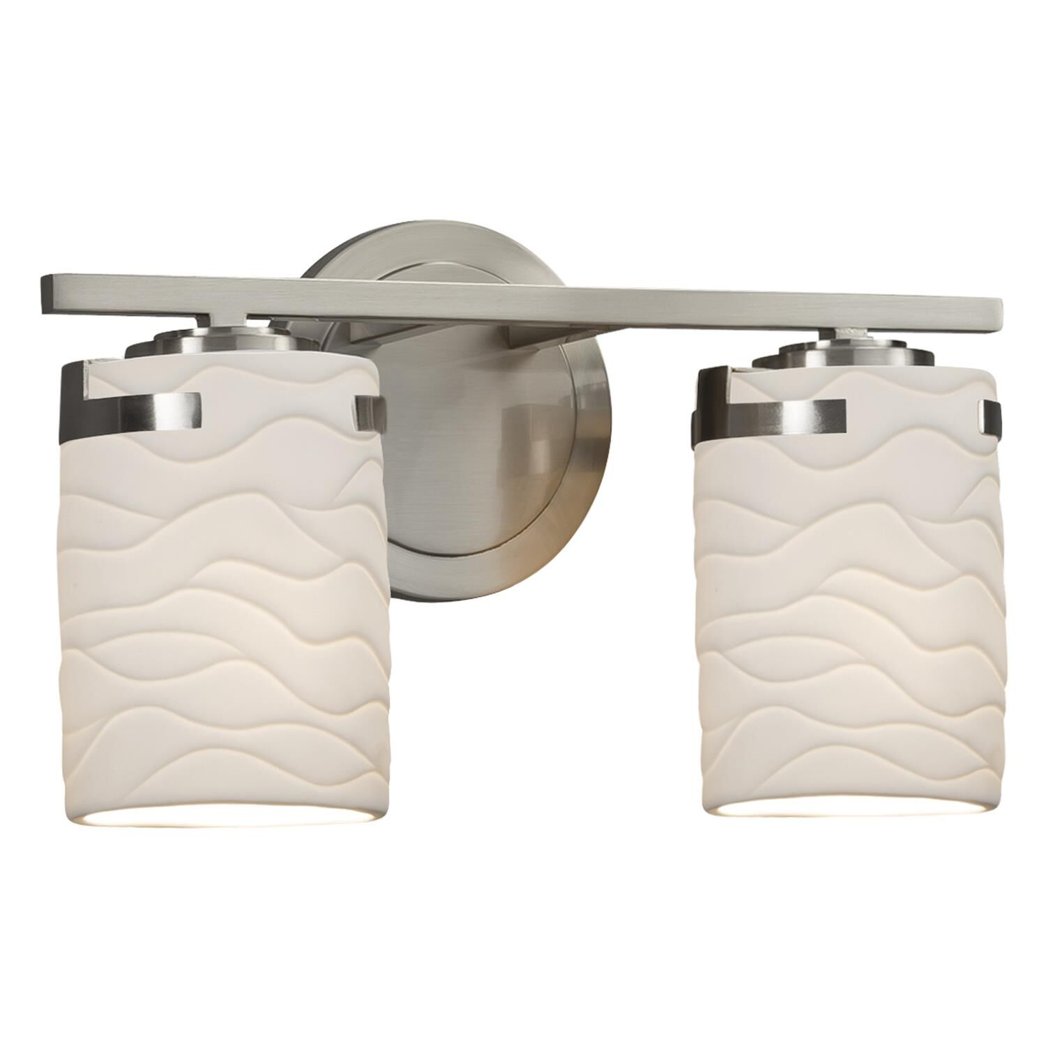 Shown in Brushed Nickel finish and Translucent Porcelain glass and Waves shade and Cylinder with Flat Rim accent