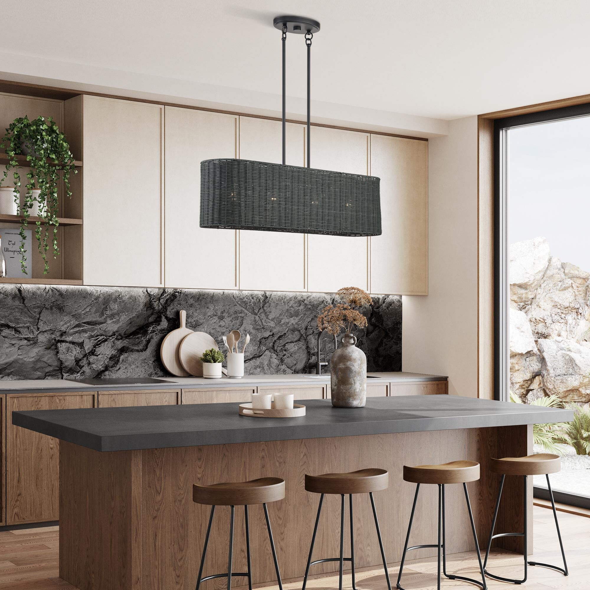 Shown in Black finish and Hand-Woven Charred Gray Color Rattan shade