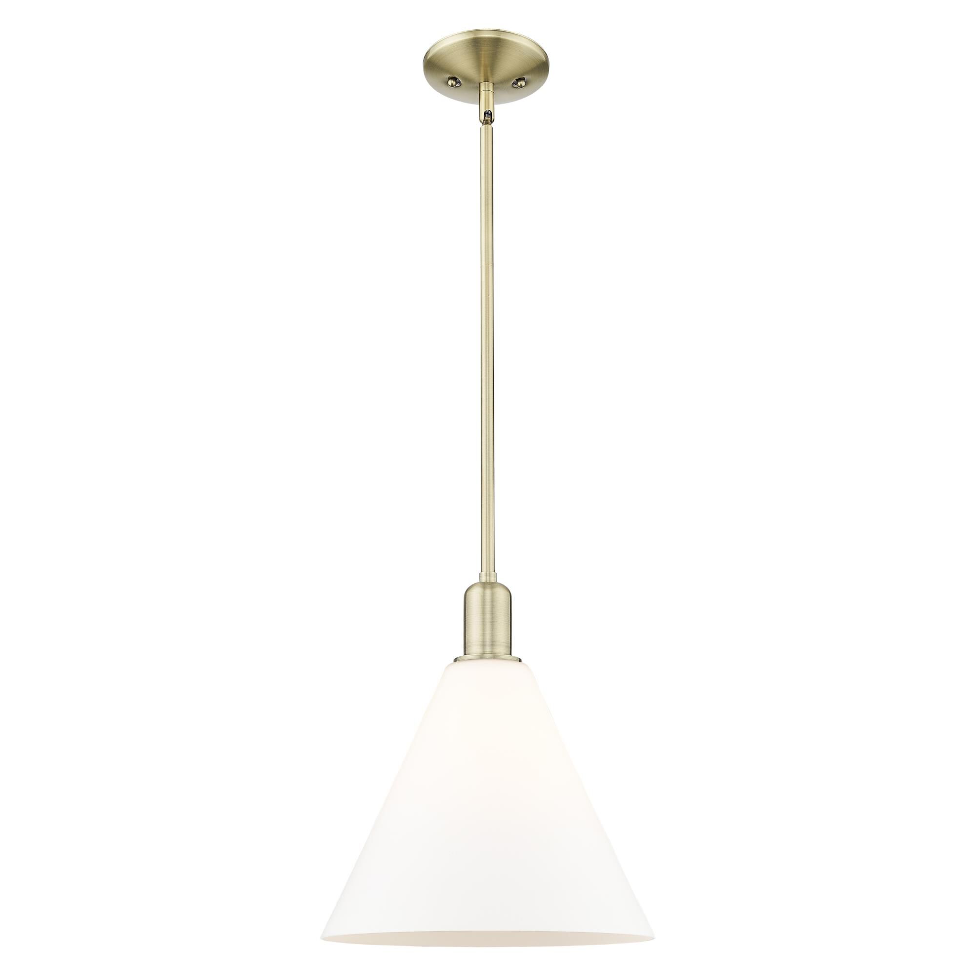 Shown in Antique Brass finish and Matte White glass