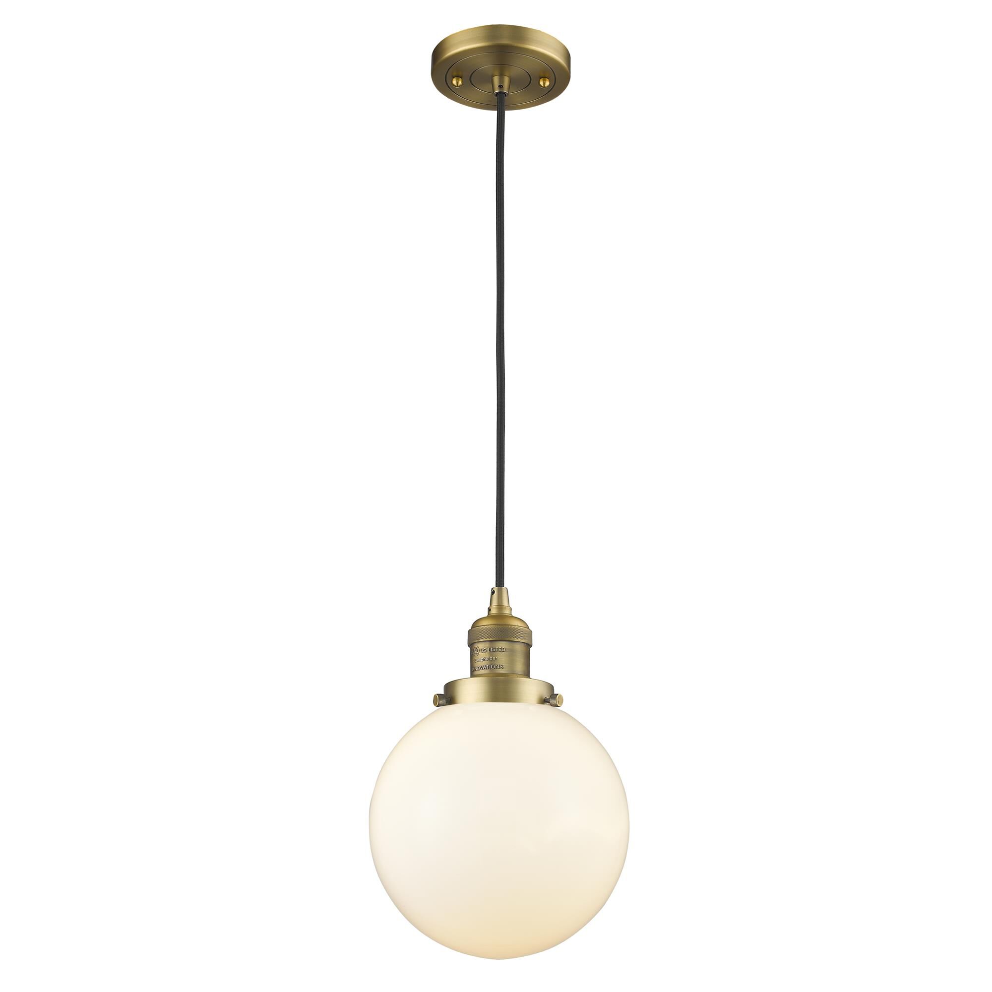 Shown in Brushed Brass finish and Matte White Cased glass