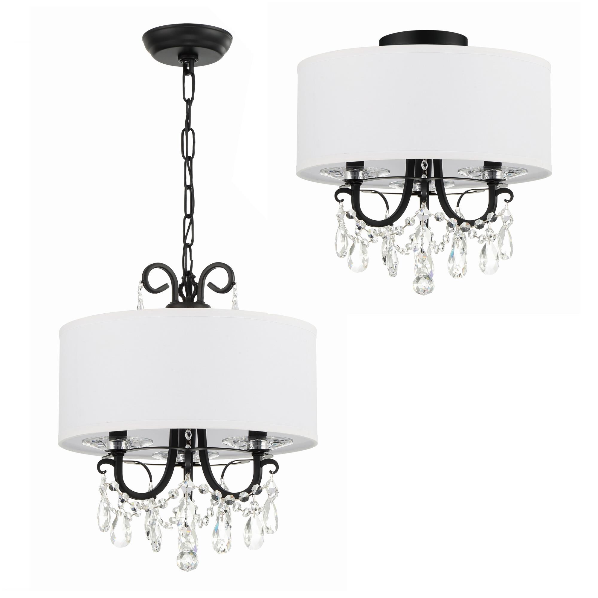 Shown in Matte Black finish and Hand Cut crystal and Silk shade