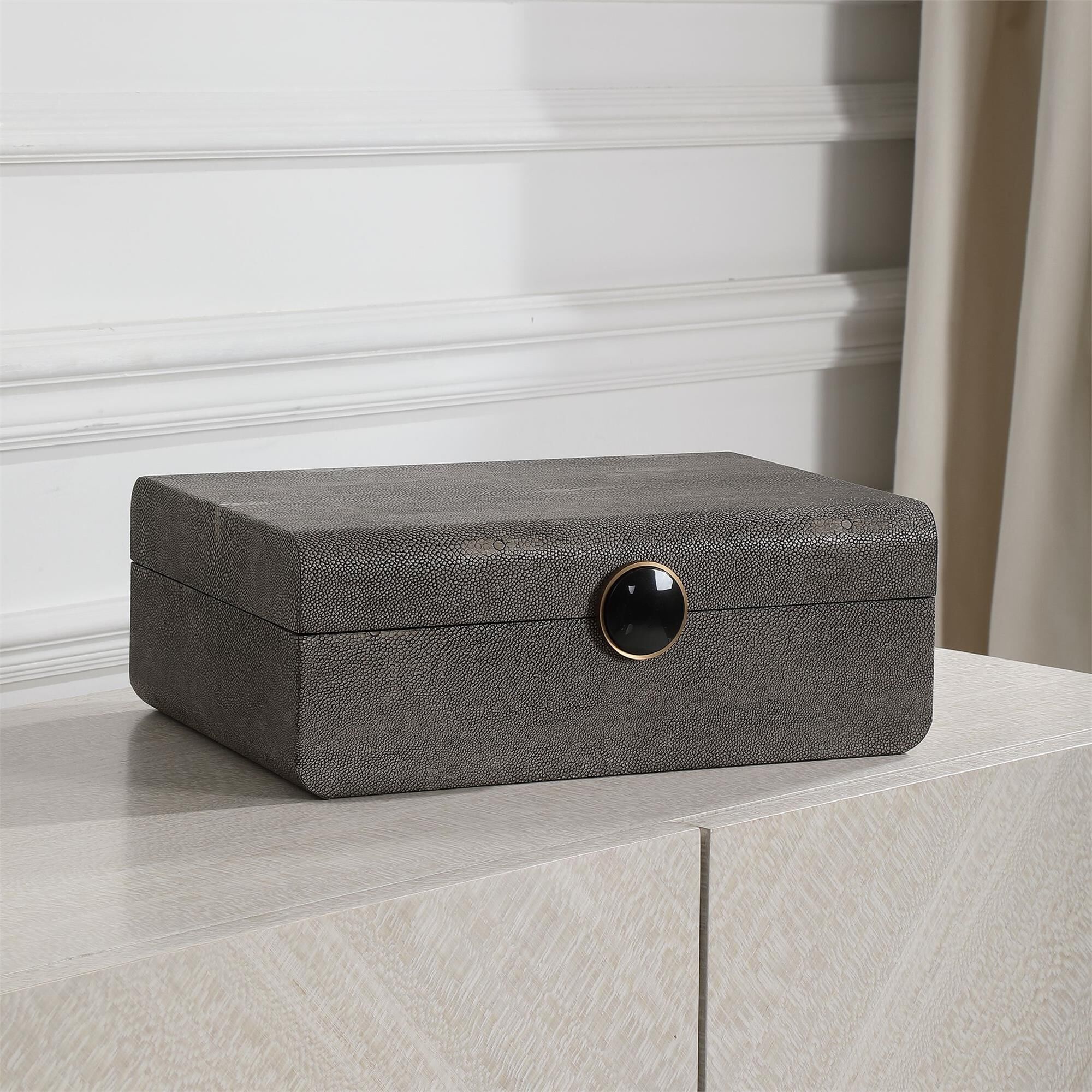 Shown in Inspired By The Art Deco Era, This Decorative Box Showcases A Faux Smoke Gray Shagreen Wrapped Exter finish