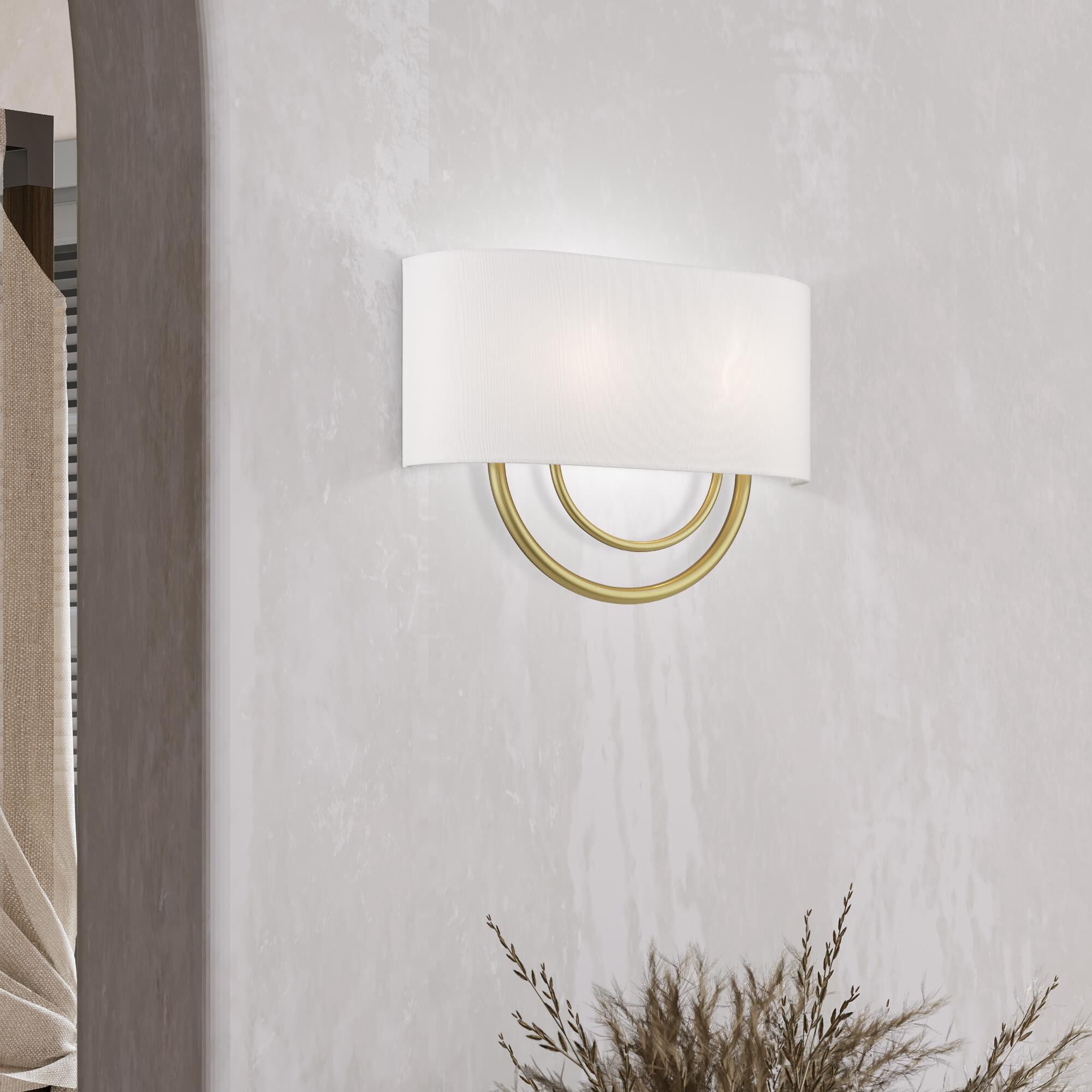 Shown in Soft Gold finish and Hand Crafted Off-White Fabric Hardback with White Fabric Inside shade