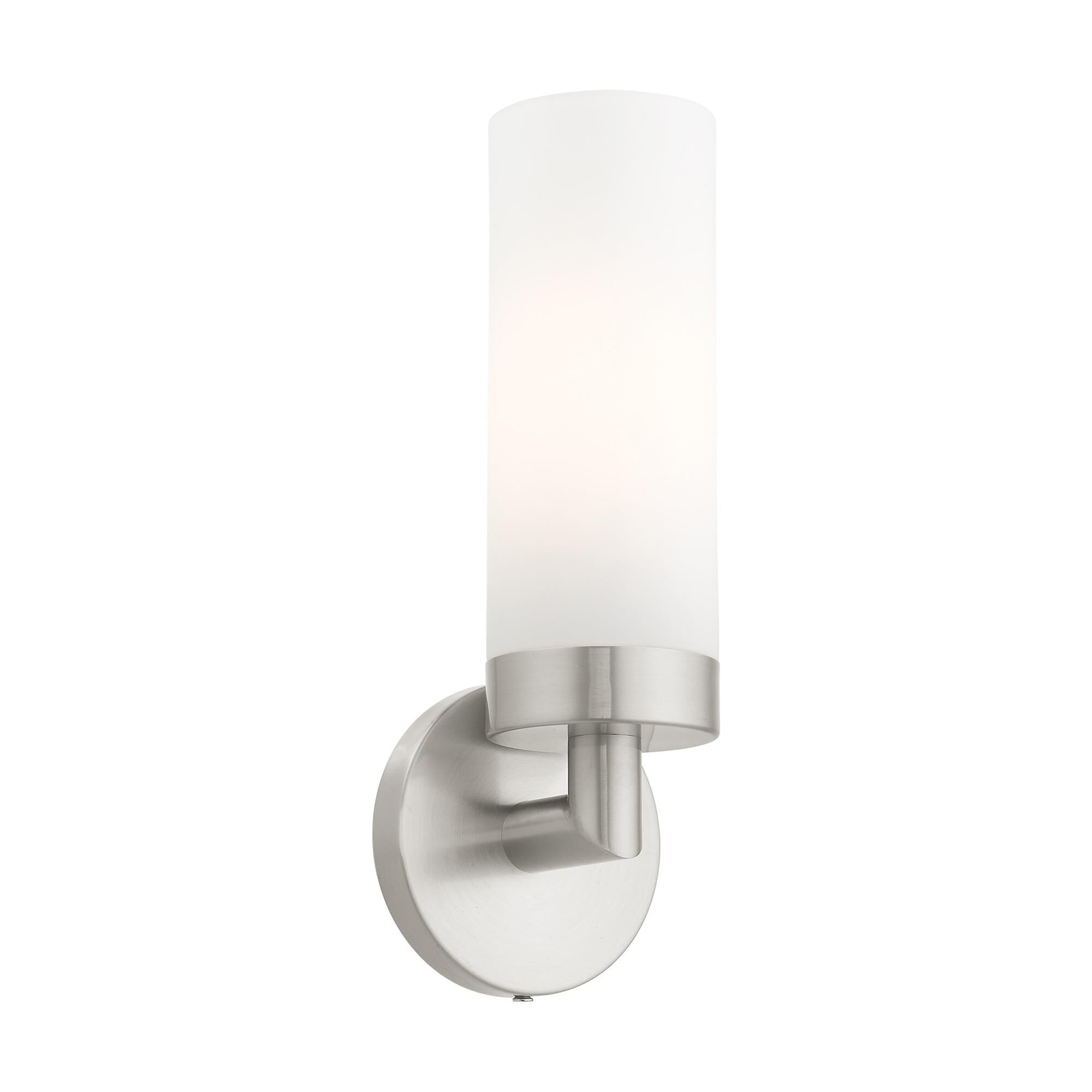 Shown in Brushed Nickel finish and Hand Blown Satin Opal White glass