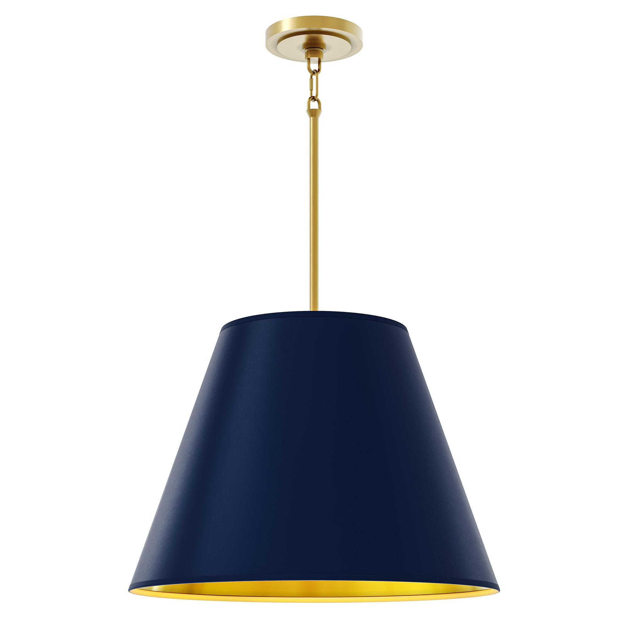 Shown in Modern Brass finish and Matte Midnight Blue with Matte Gold Interior shade
