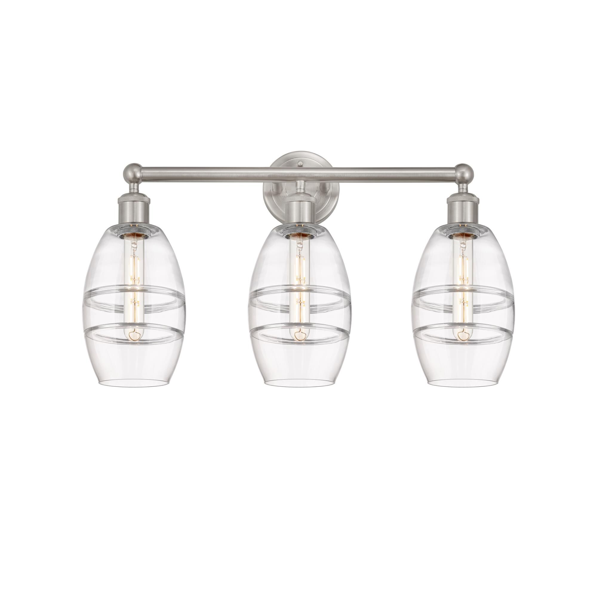 Shown in Brushed Satin Nickel finish and Clear glass