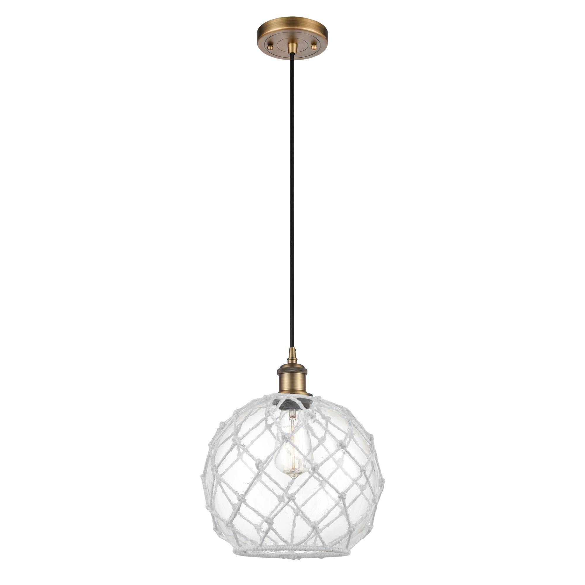 Shown in Brushed Brass finish and Clear Large Farmhousewith White Rope glass