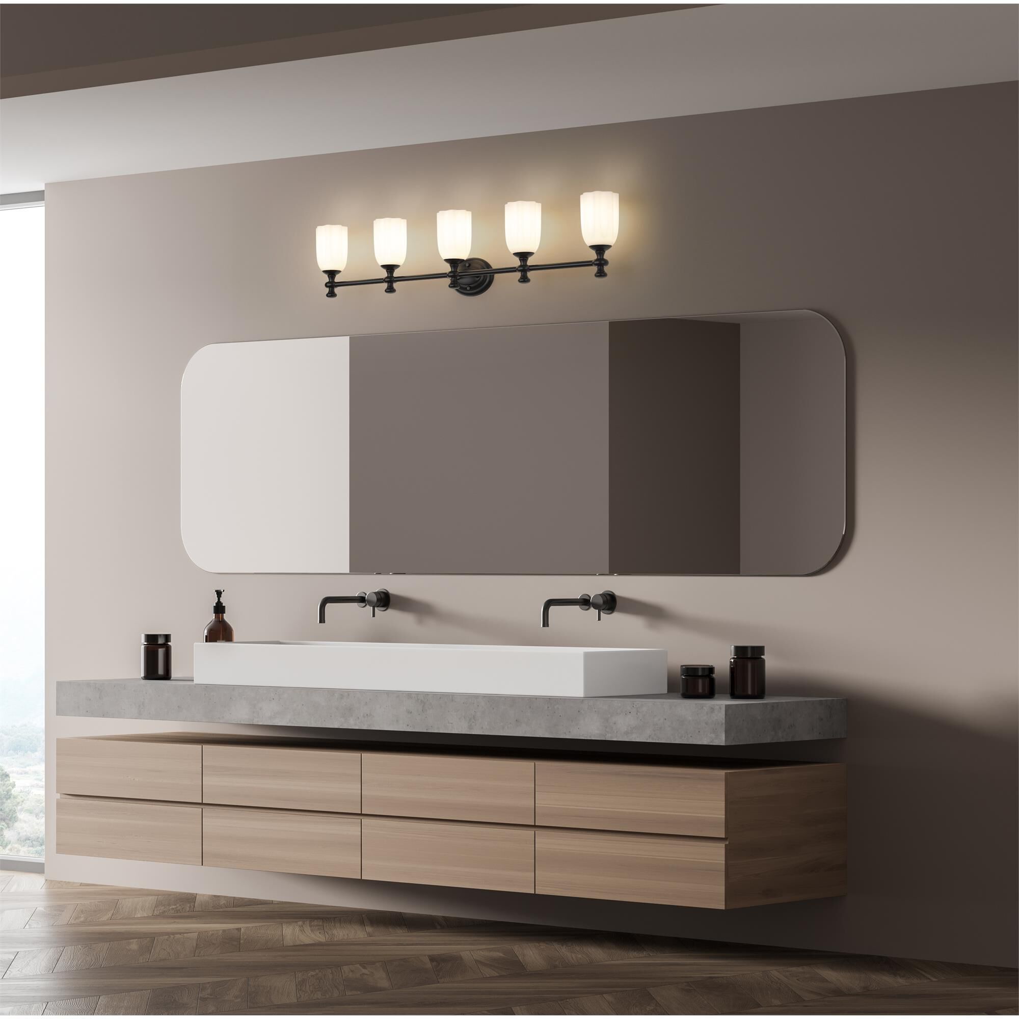 Shown in Matte Black finish and Opal Etched glass and Opal Etched shade