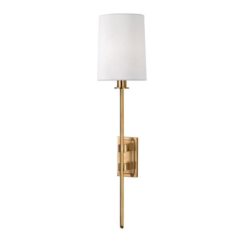 Shown in Aged Brass finish and White Faux Silk shade
