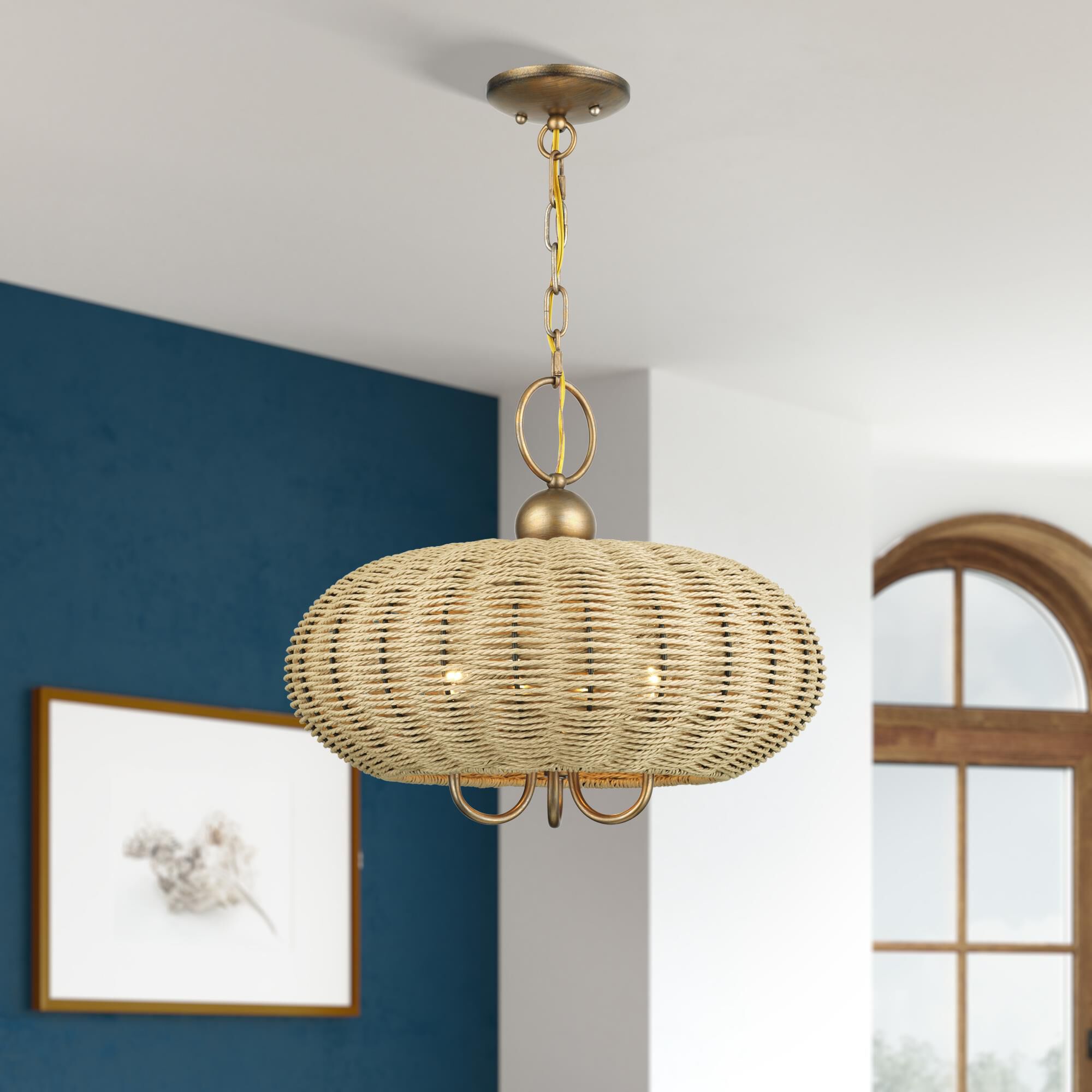Shown in Antique Gold Leaf finish and Hand-Woven French Beige Paper Rope shade