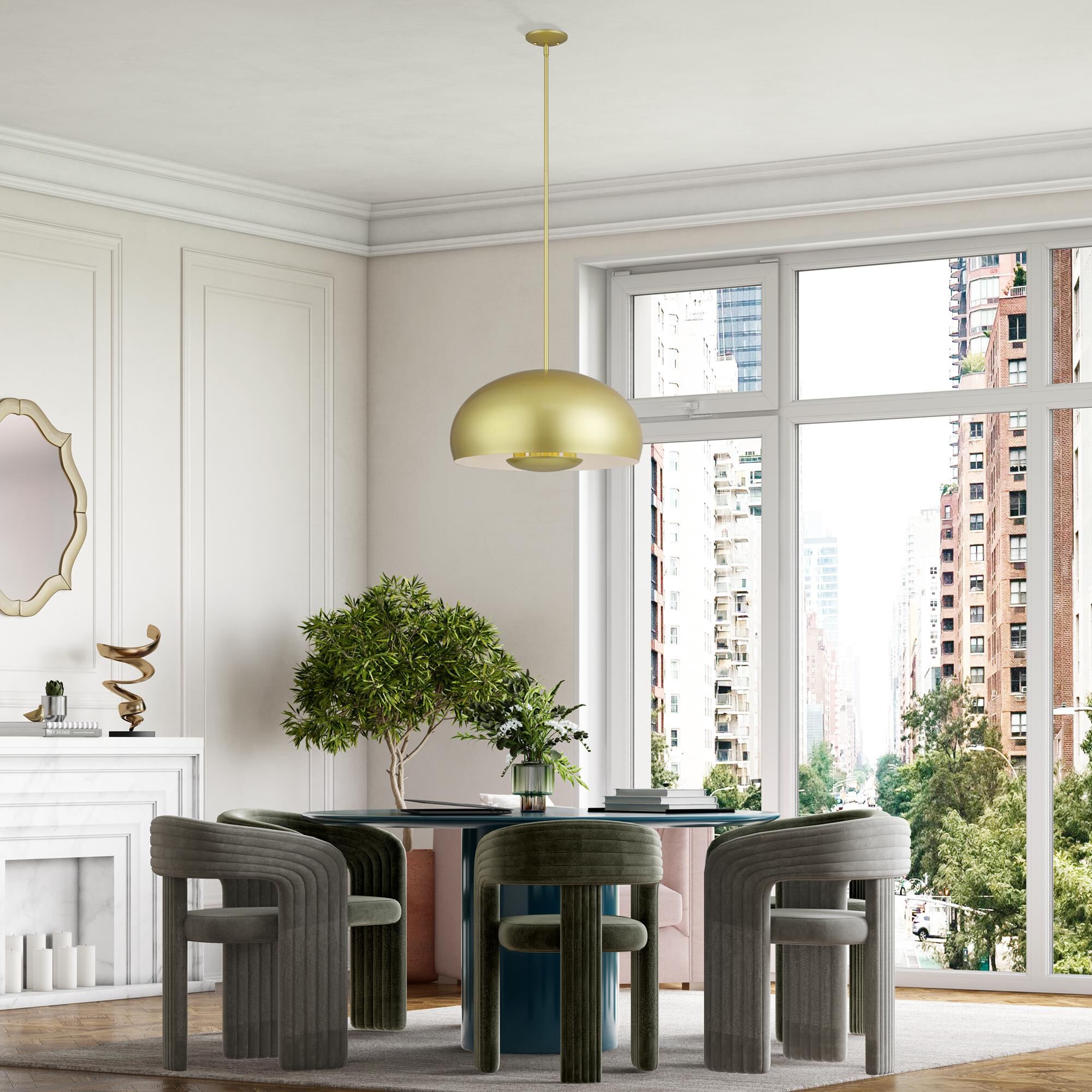 Shown in Soft Gold finish and Soft Gold Steel with Shiny White Inside shade