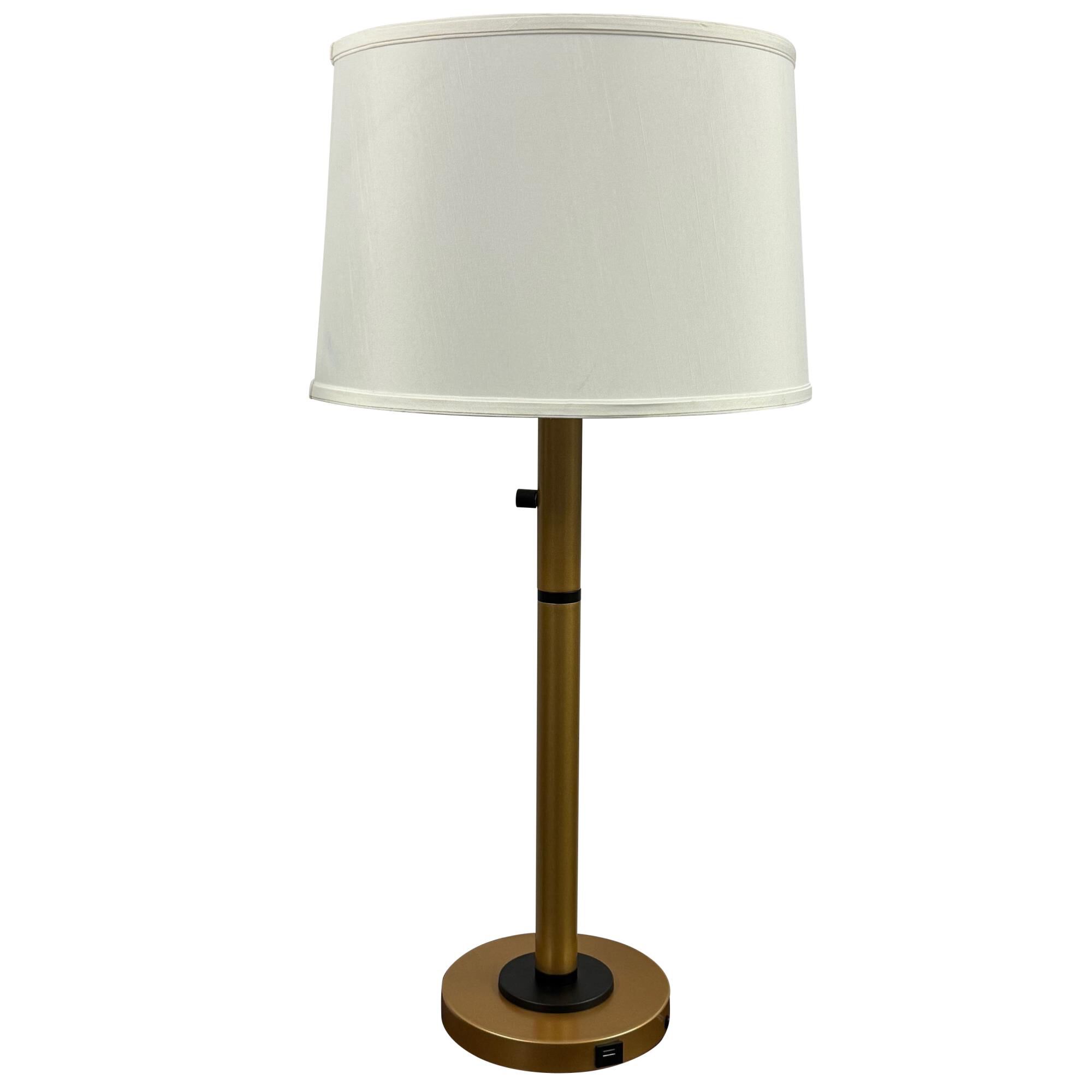 Shown in Heritage Gold and Black finish and White Linen Hardback shade