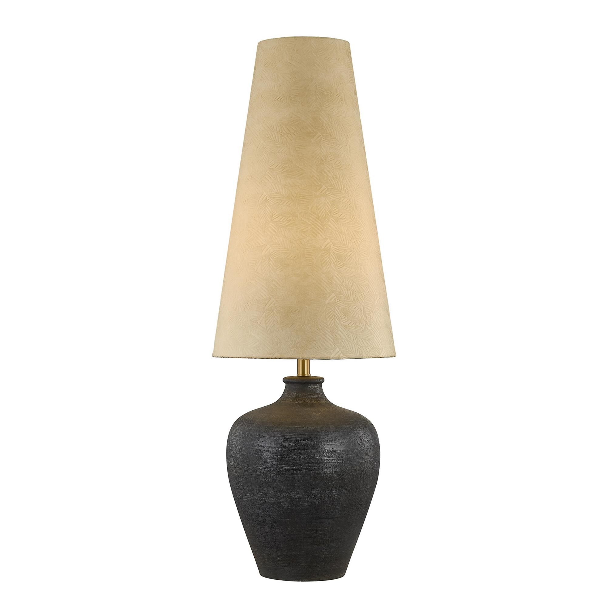 Shown in Warm Brass finish and Textured Beige Paper shade