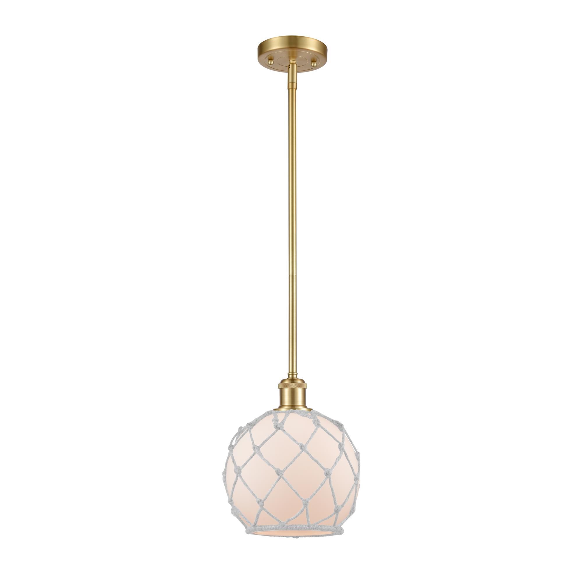 Shown in Satin Gold finish and White Farmhousewith White Rope glass