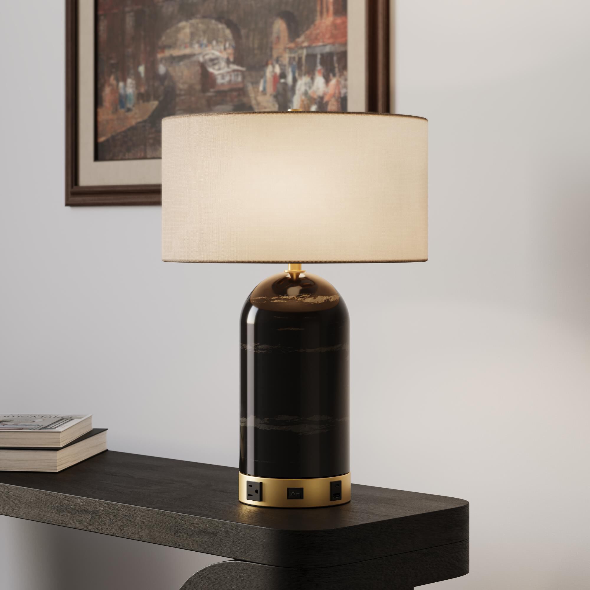 Shown in Plated Antique Brass finish and Black Marble shade