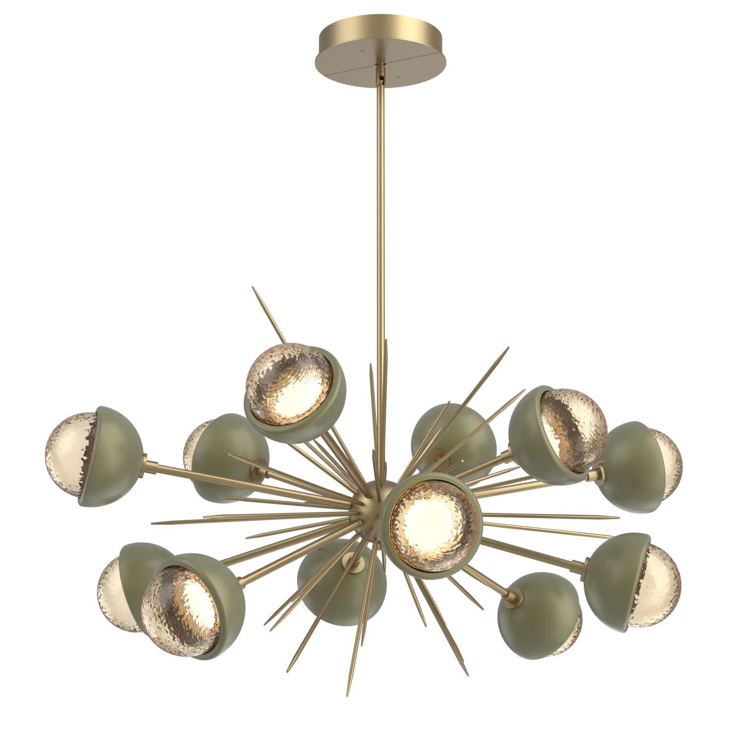 Shown in Gilded Brass finish and Amber glass and Sage Green accent