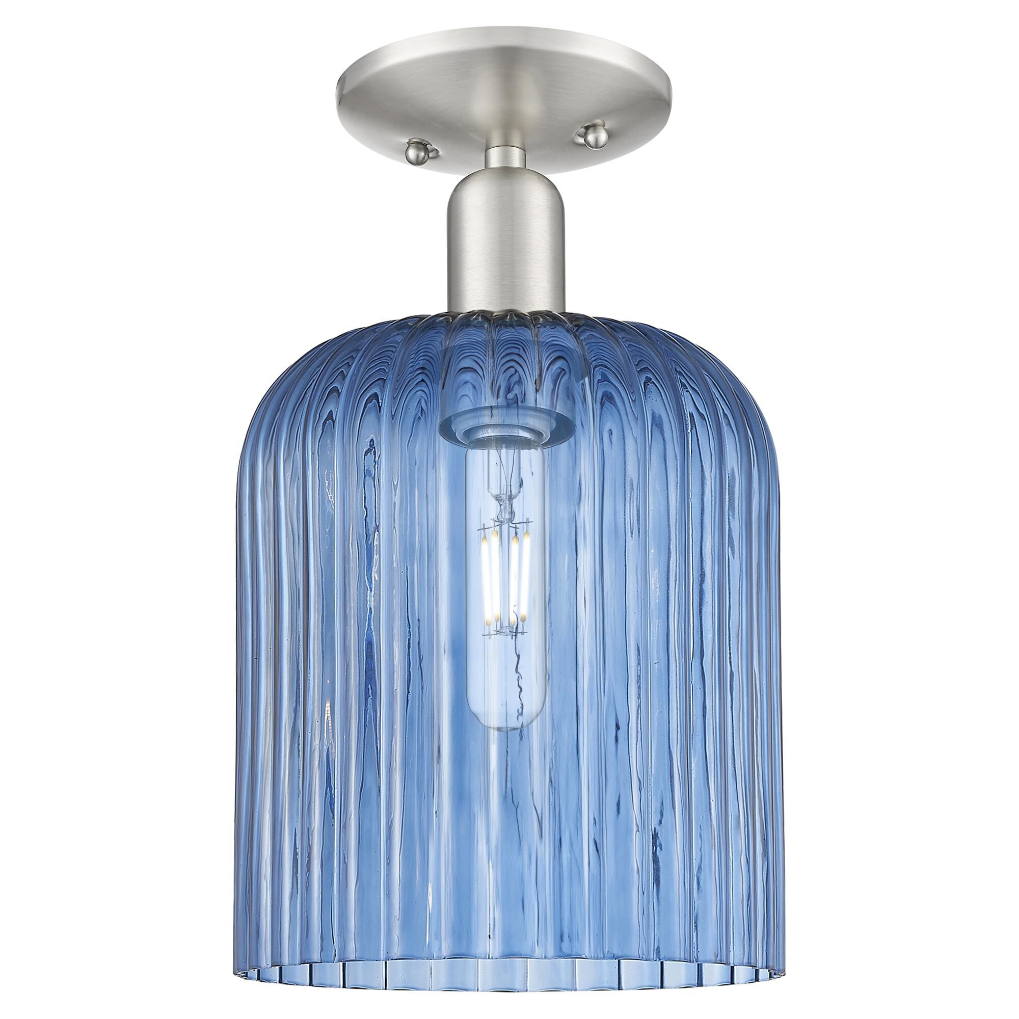 Shown in Brushed Satin Nickel finish and Blue glass