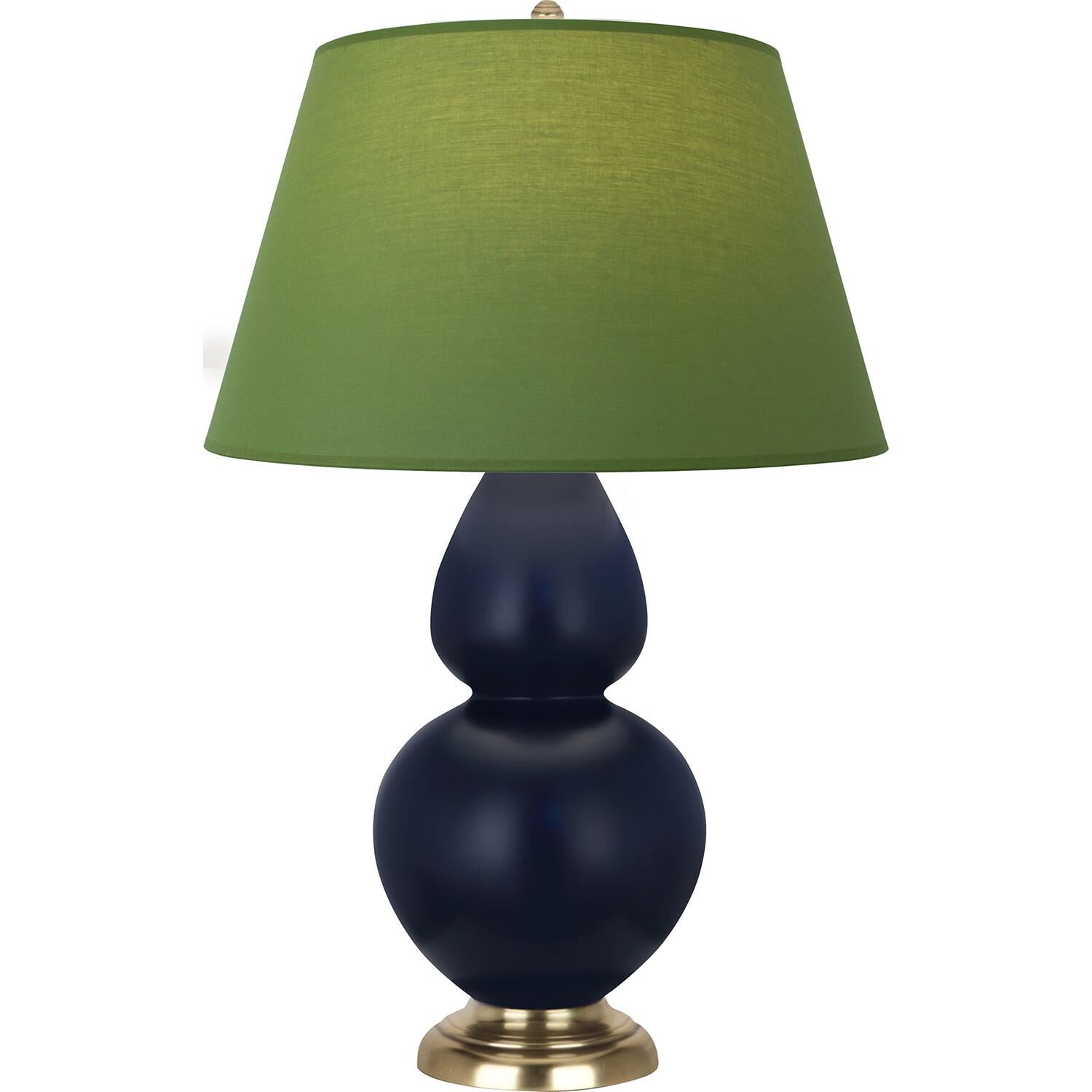 Shown in Matte Midnight Blue finish and Tea Green and Taupe shade and Antique Brass accent