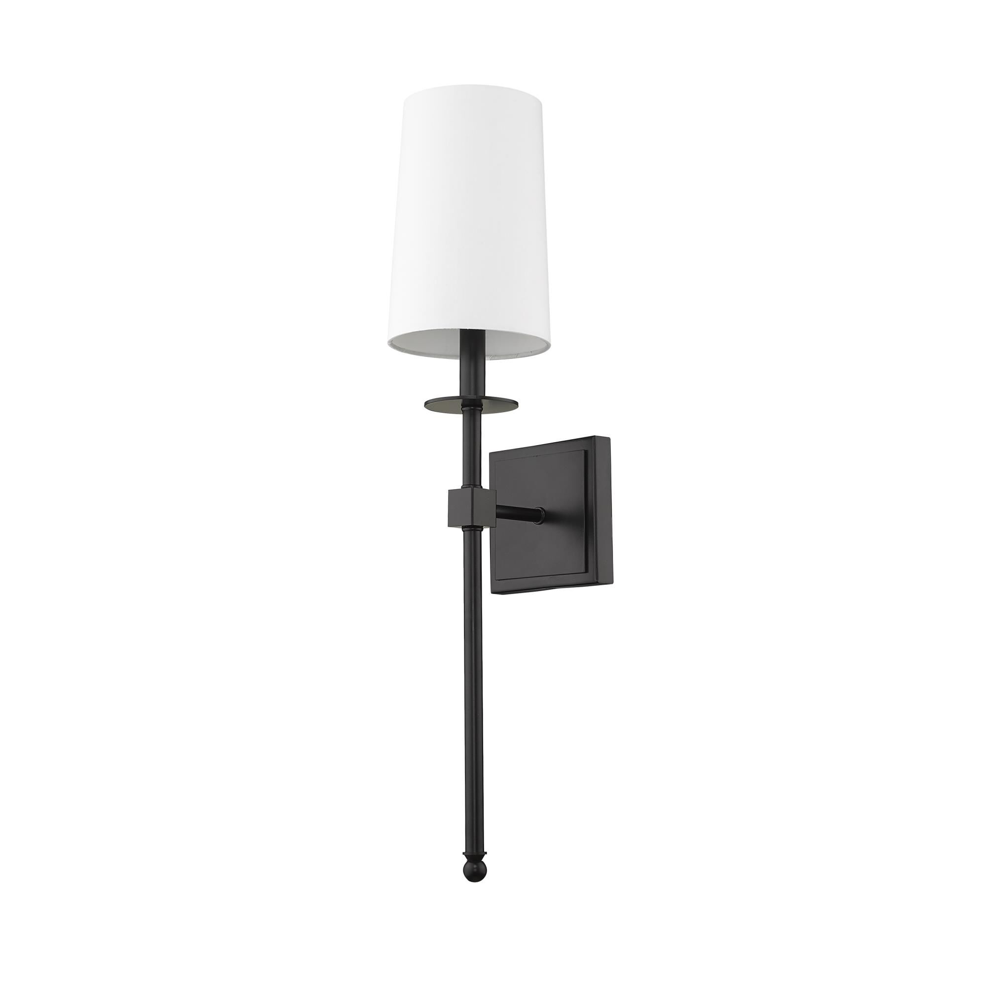Shown in Matte Black finish and Fabric glass and Fabric shade