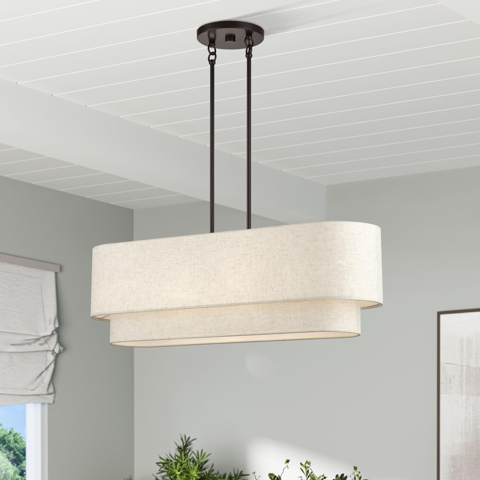 Shown in English Bronze finish and Hand Crafted Oatmeal Color Fabric with White Color Inside shade