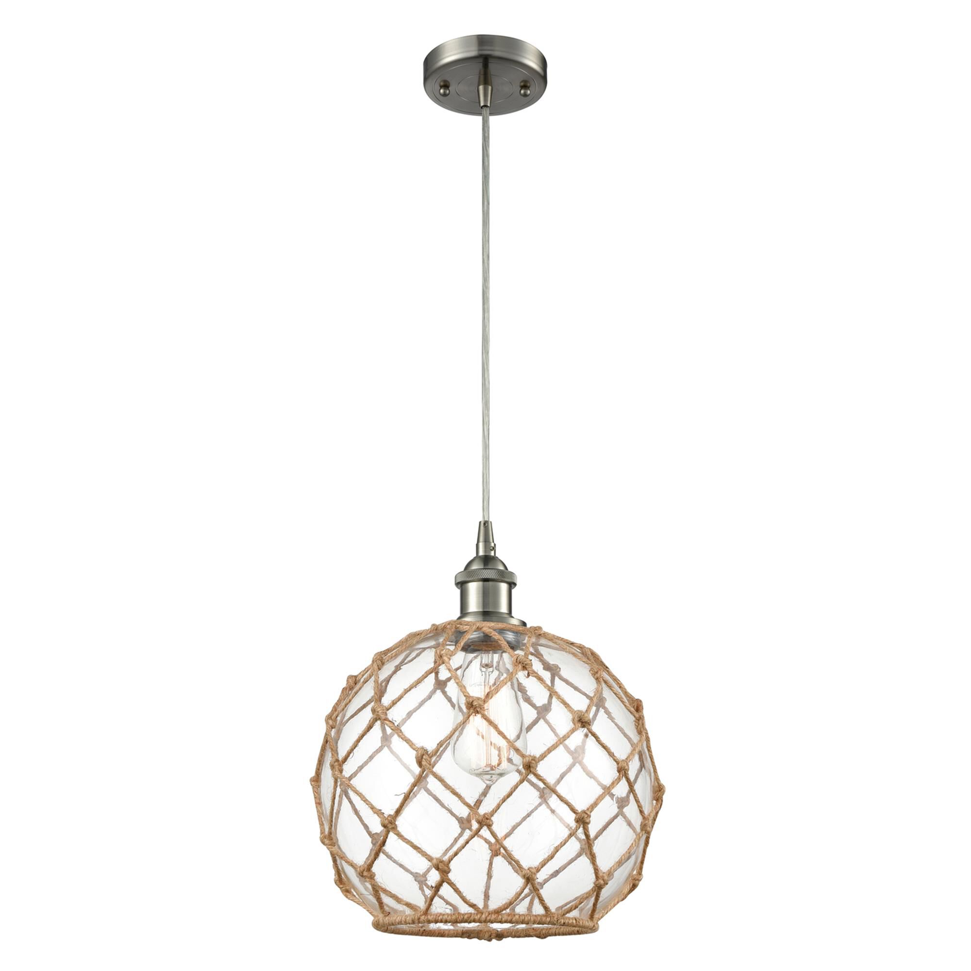 Shown in Brushed Satin Nickel finish and Clear With Black Rope glass
