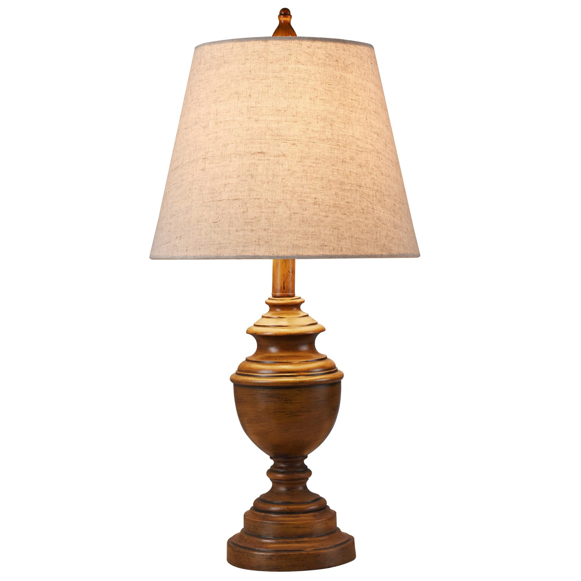 Shown in French Oak finish and Heathered Light Beige Hardback Fabric shade