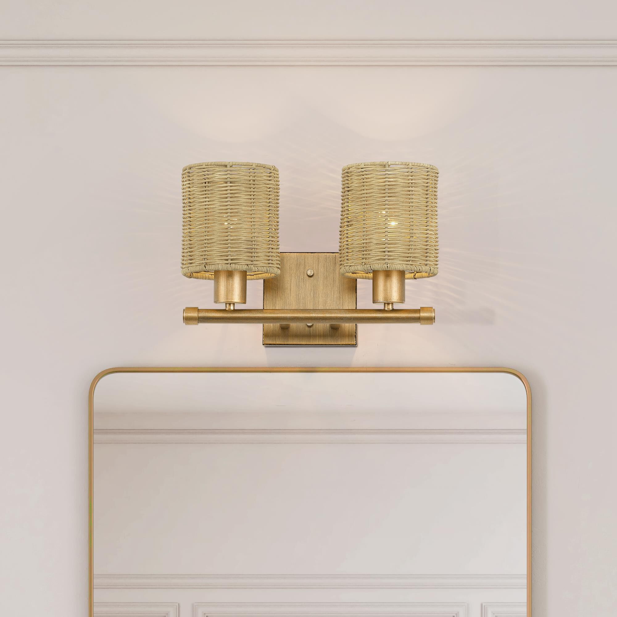 Shown in Antique Gold Leaf finish and Hand-Woven Rustic Walnut Color Rattan shade