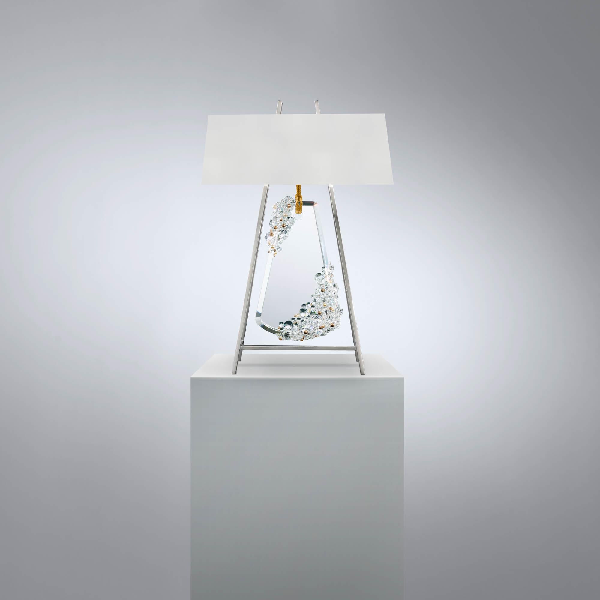 Shown in Polished Chrome With Gold Rope finish and Radiance crystal and Fabric glass