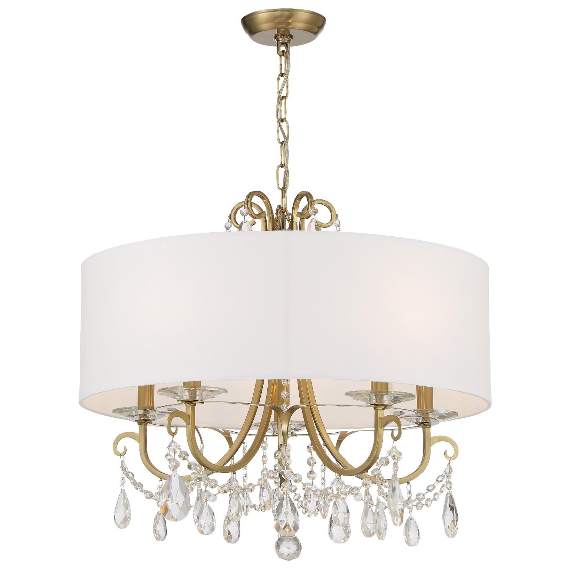 Shown in Vibrant Gold finish and Hand Cut crystal and Silk glass and Silk shade
