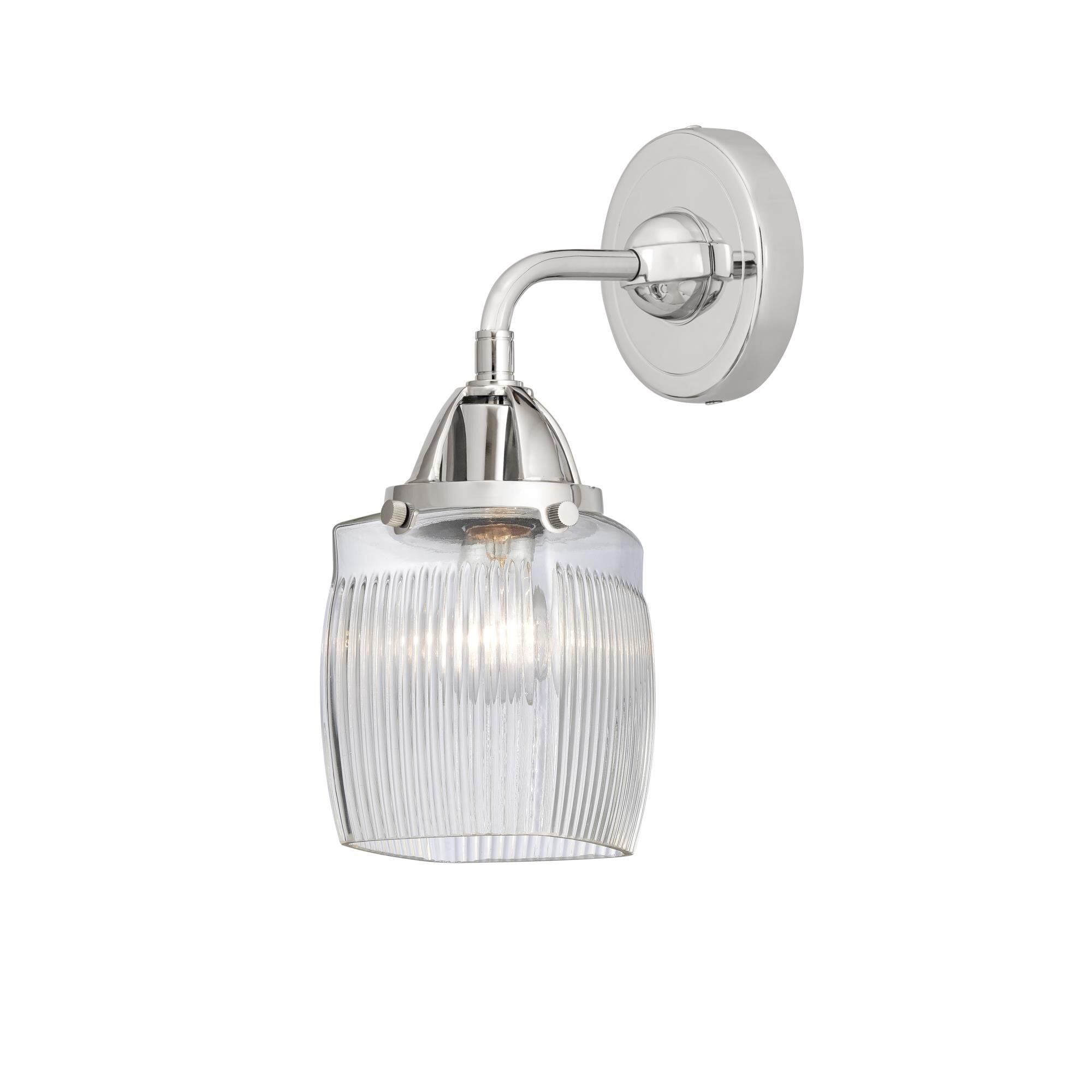 Shown in Polished Chrome finish and Thick Clear Halophane Colton glass and No Shade shade