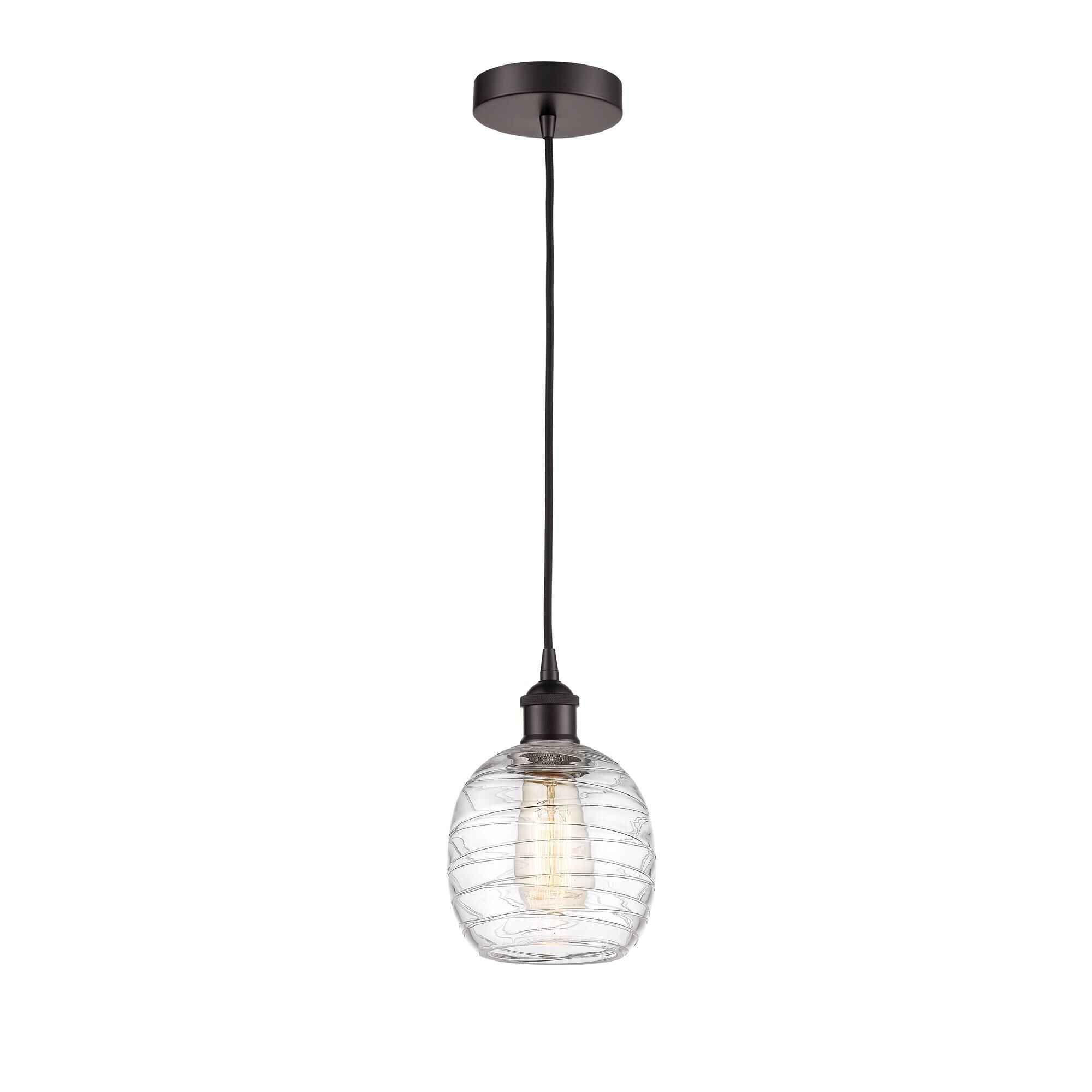 Shown in Oil Rubbed Bronze finish and Deco Swirl Belfast glass