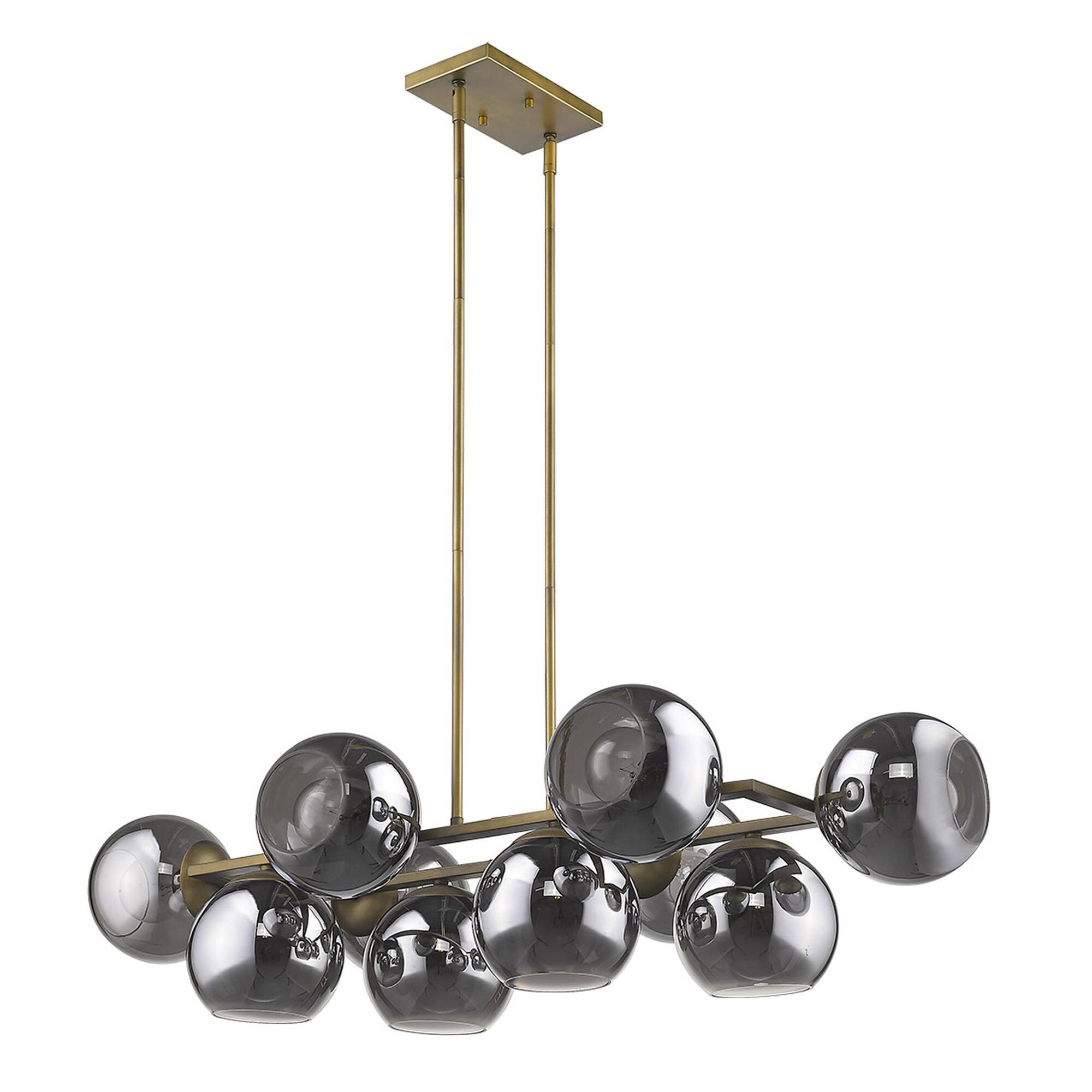 Shown in Aged Brass finish and Smoke glass and Smoke Glass Globes shade