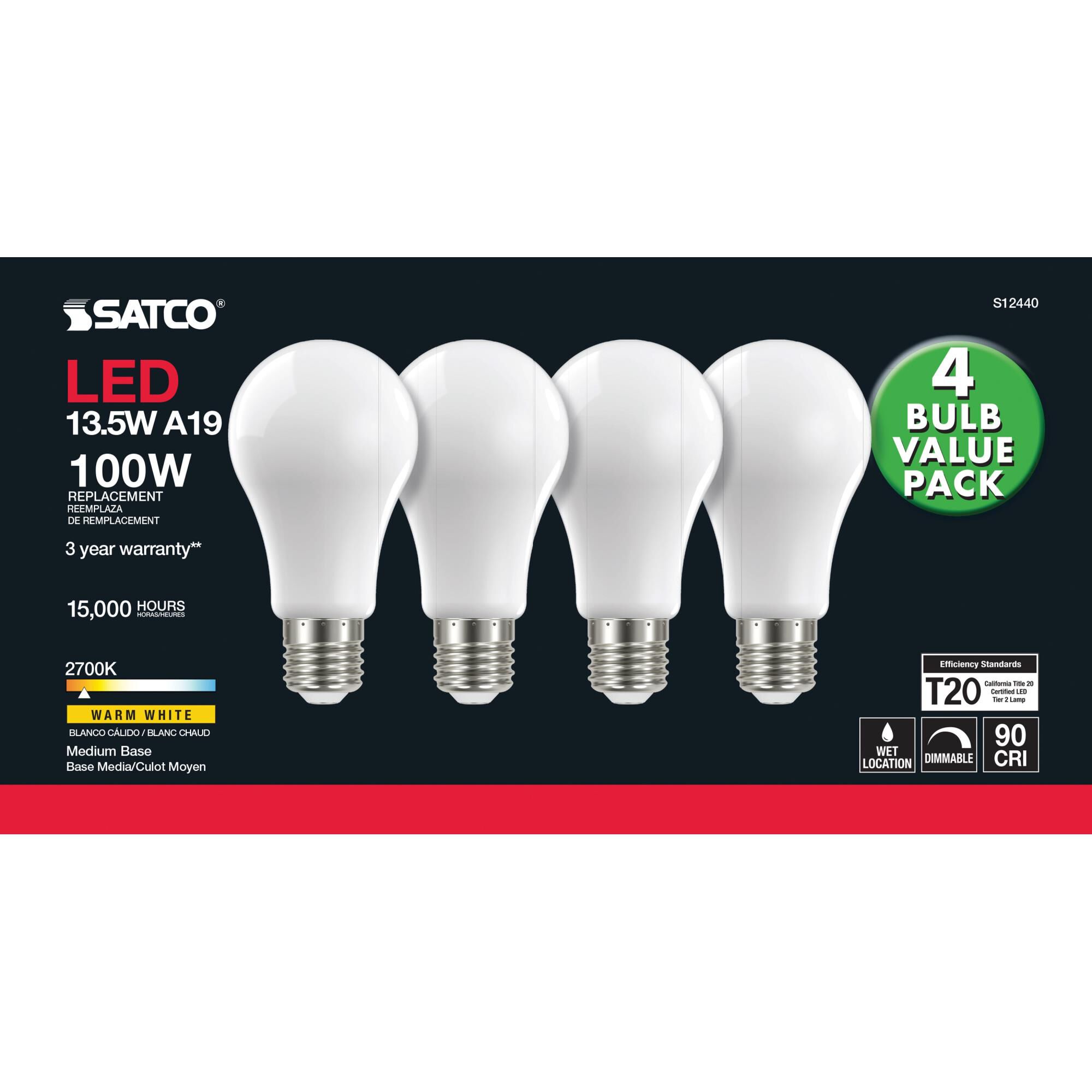Dimmable 13.5 Watt 2700K A19 LED Light Bulb by Satco