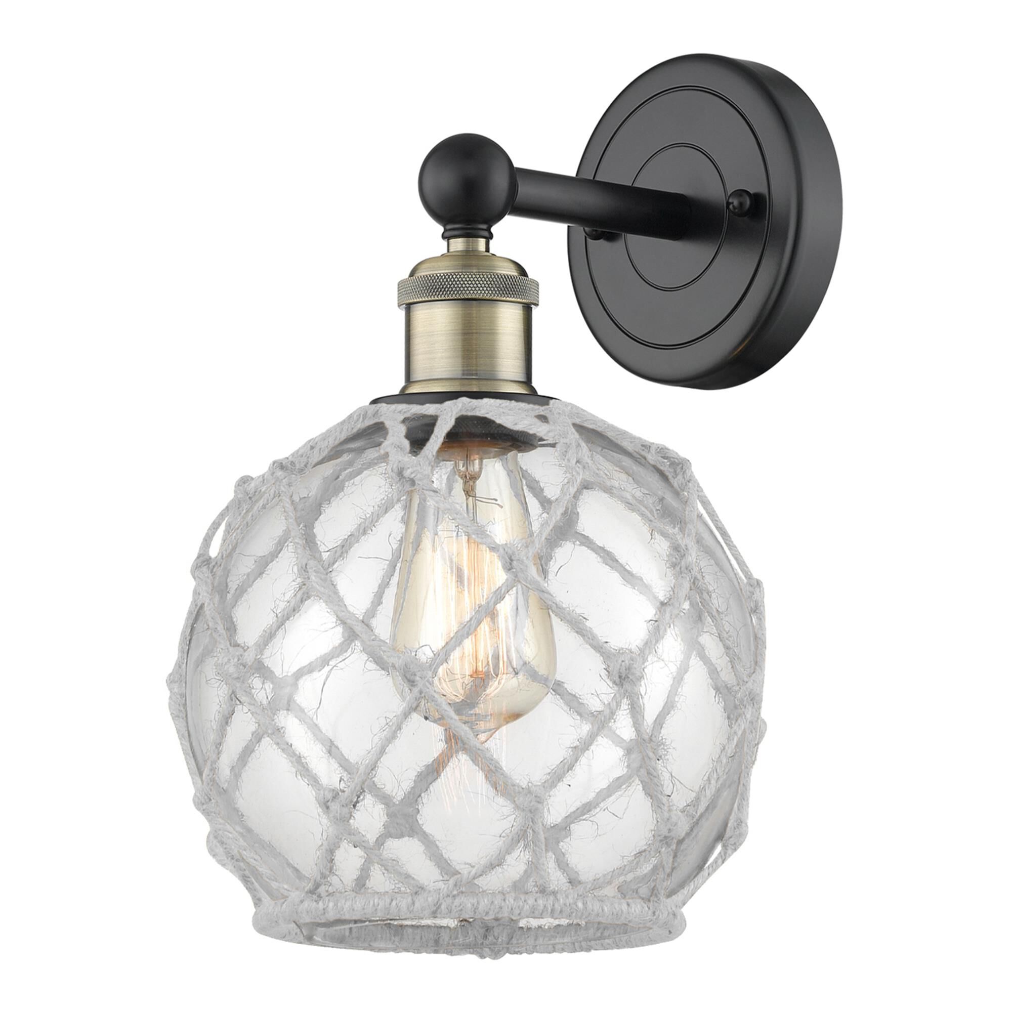 Shown in Black Antique Brass finish and Clear with White Rope glass