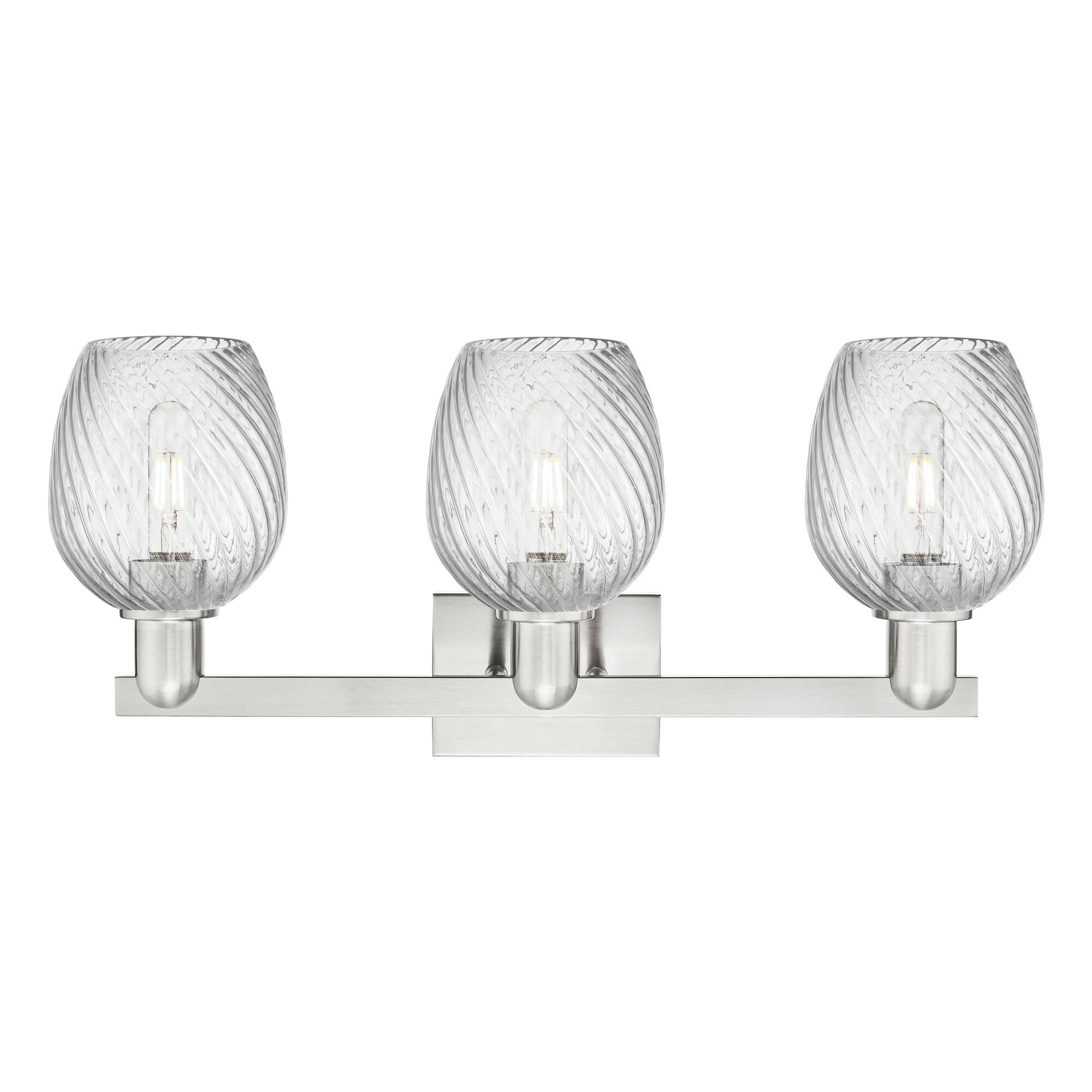 Shown in Brushed Satin Nickel finish and Clear Spiral Fluted glass