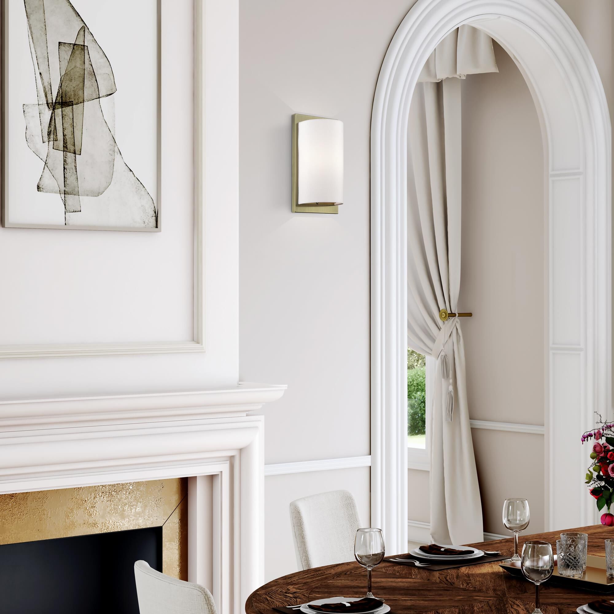 Shown in Antique Brass finish and Hand Crafted Off-White Fabric Hardback shade
