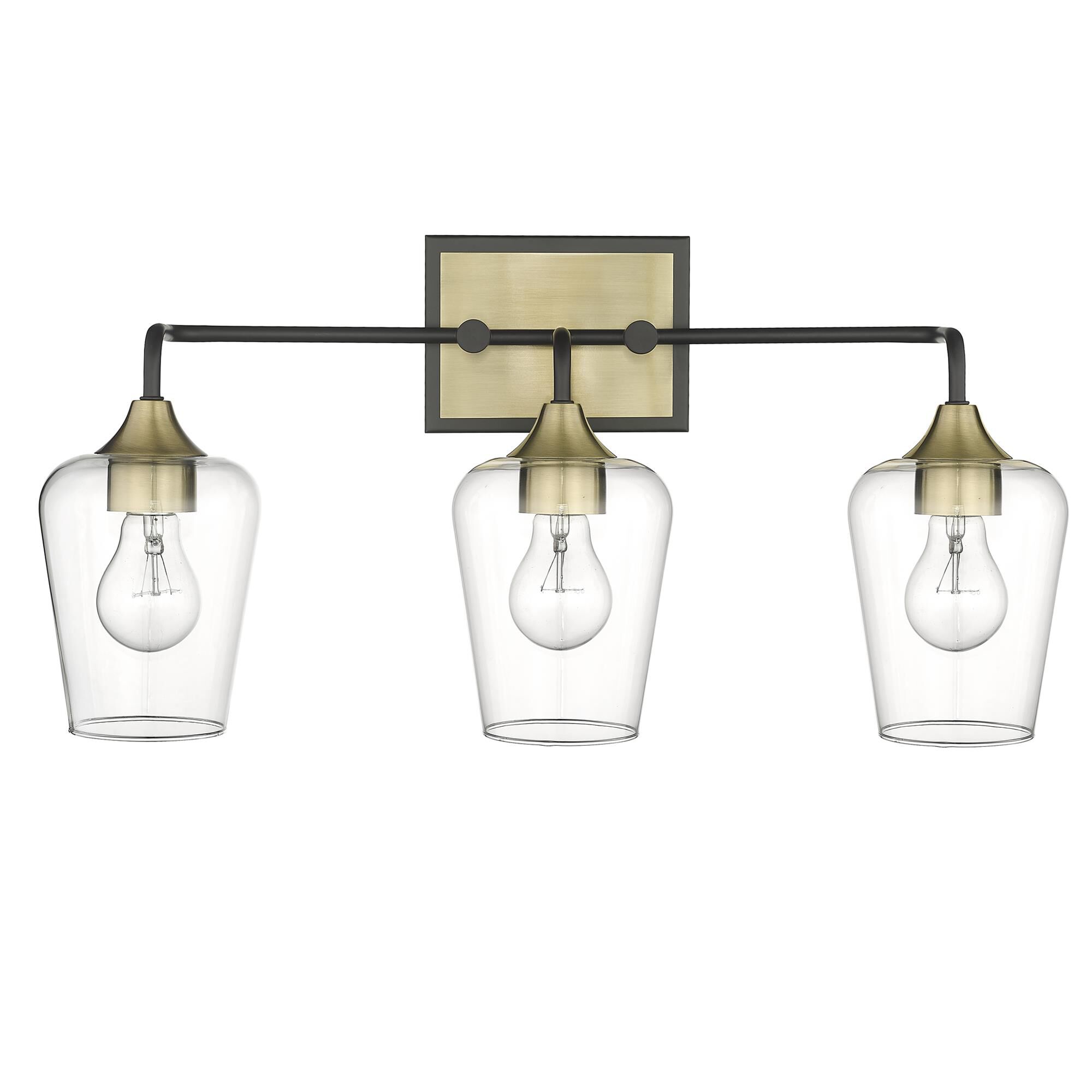 Shown in Antique Brass And Black finish and Clear Glass shade
