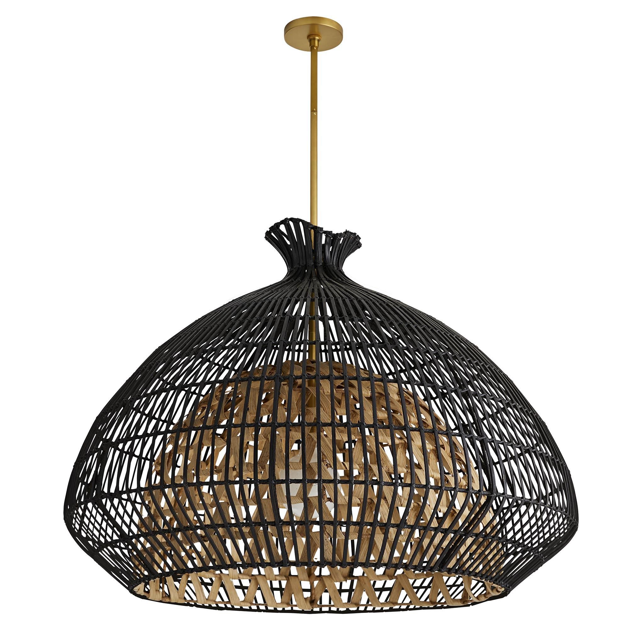 Shown in Antique Brass finish and Black Rattan Outer - Natural Rattan Inner shade