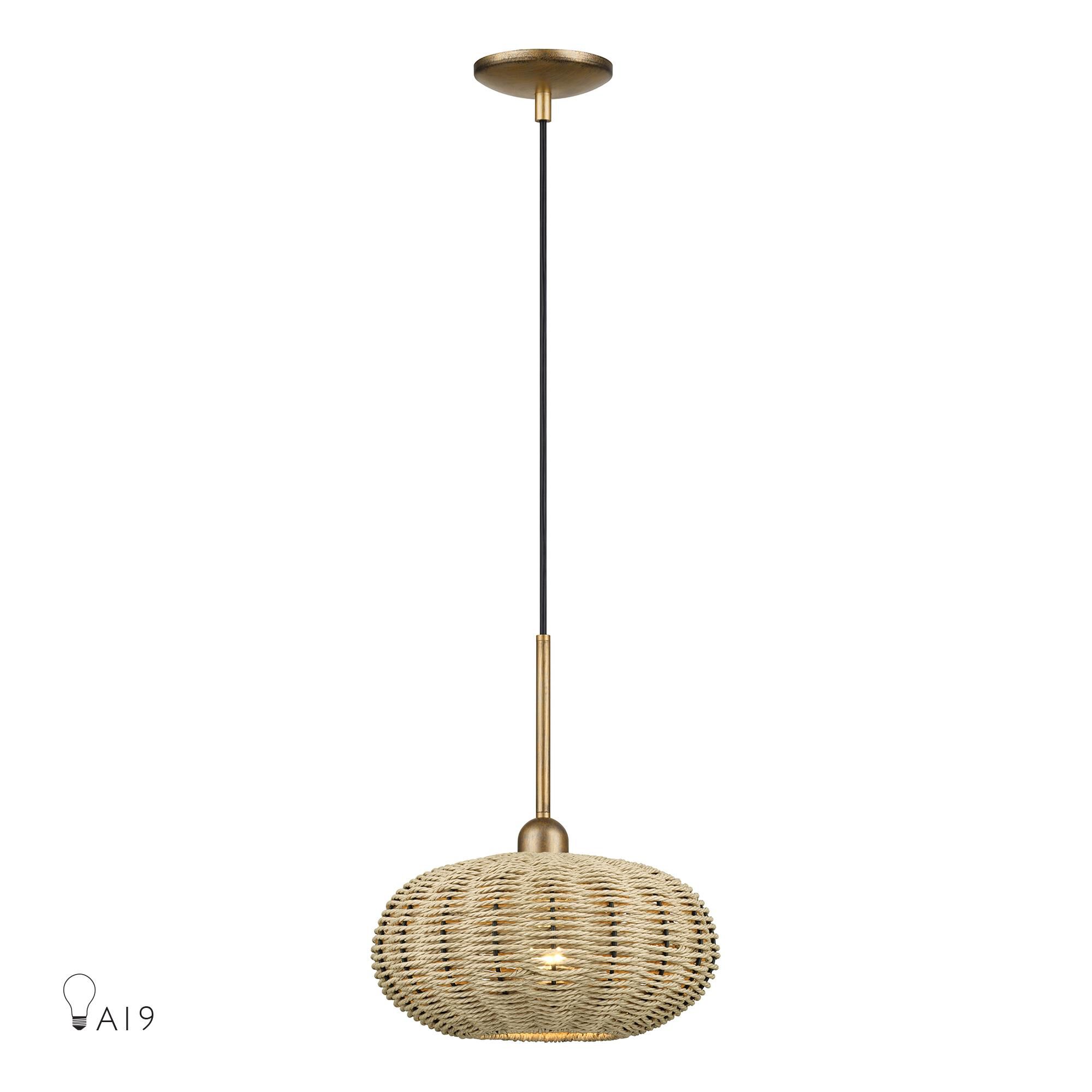 Shown in Antique Gold Leaf finish and Hand-Woven French Beige Paper Rope shade